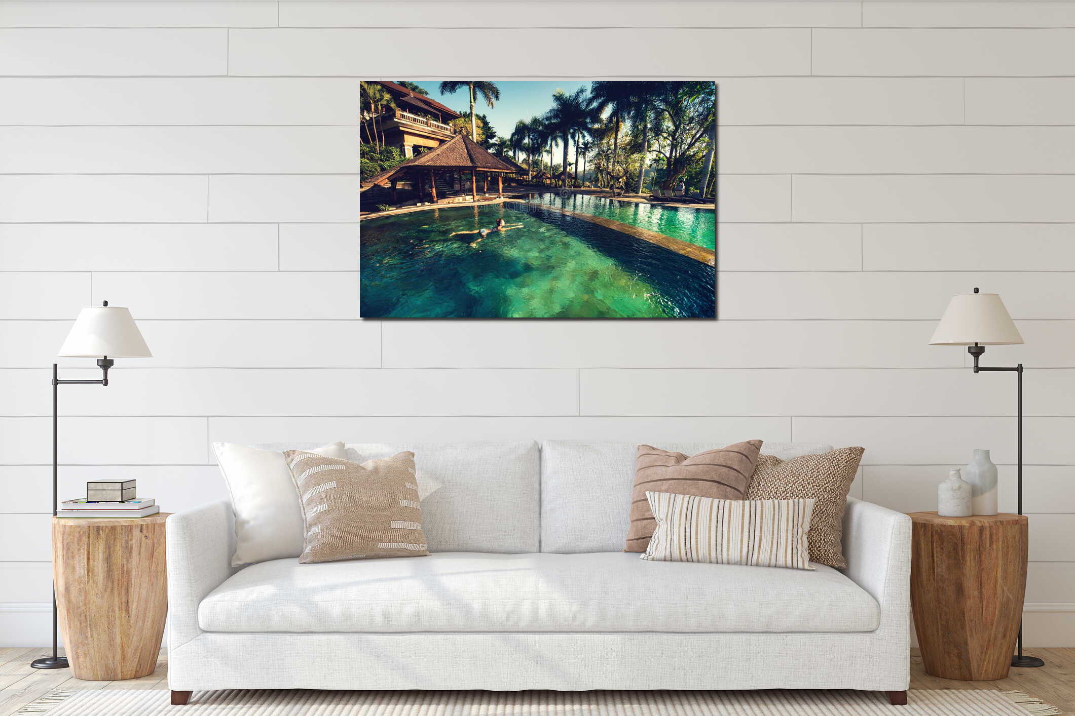 Girl swimming in infinity pool at luxurious resort, hotel. Portrait of woman going for a swim on exotical island interior mockup