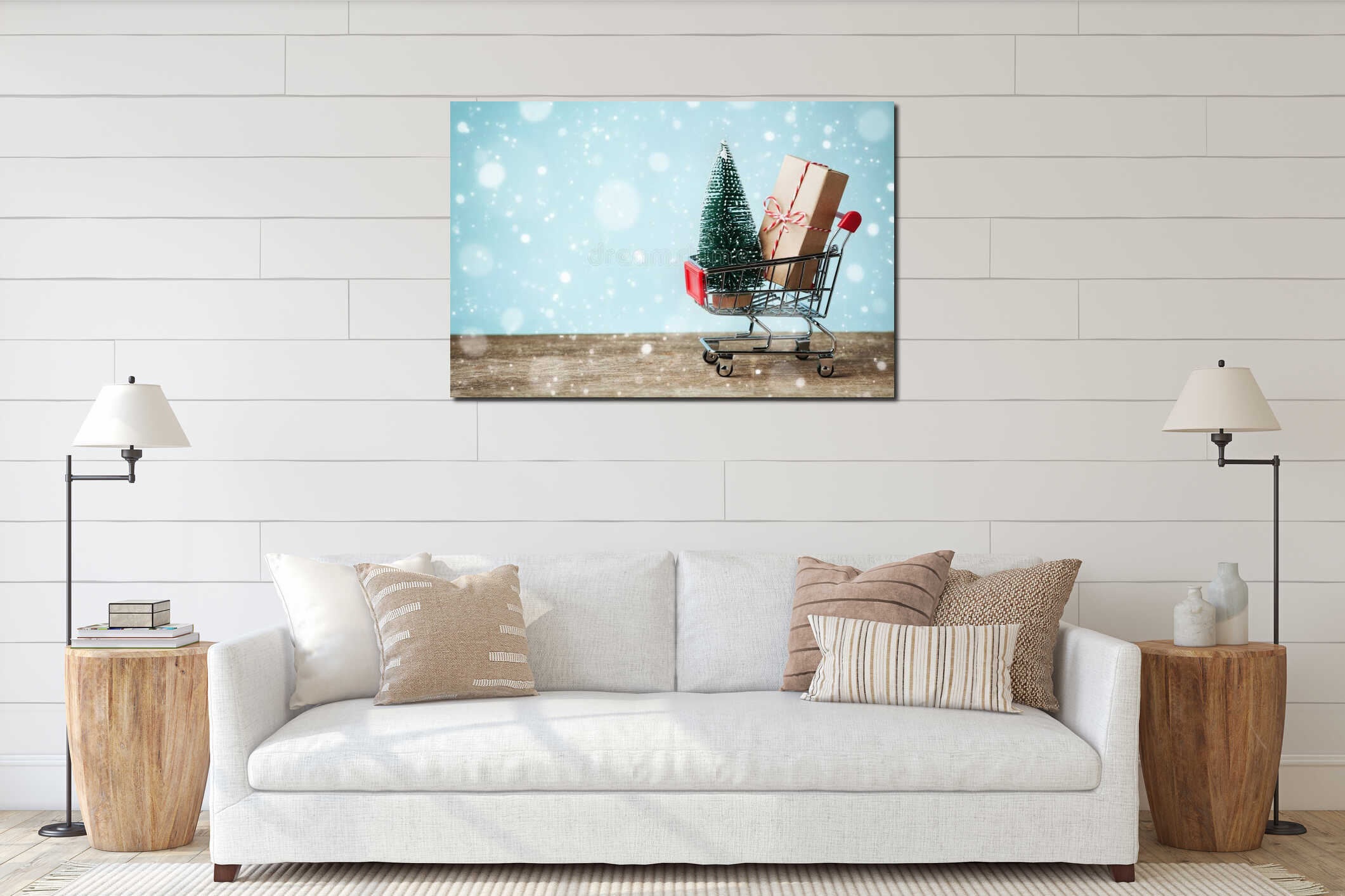 Shopping cart with gift or present and fir tree on snowy effect background. Christmas and New year sale concept. Greeting card. interior mockup