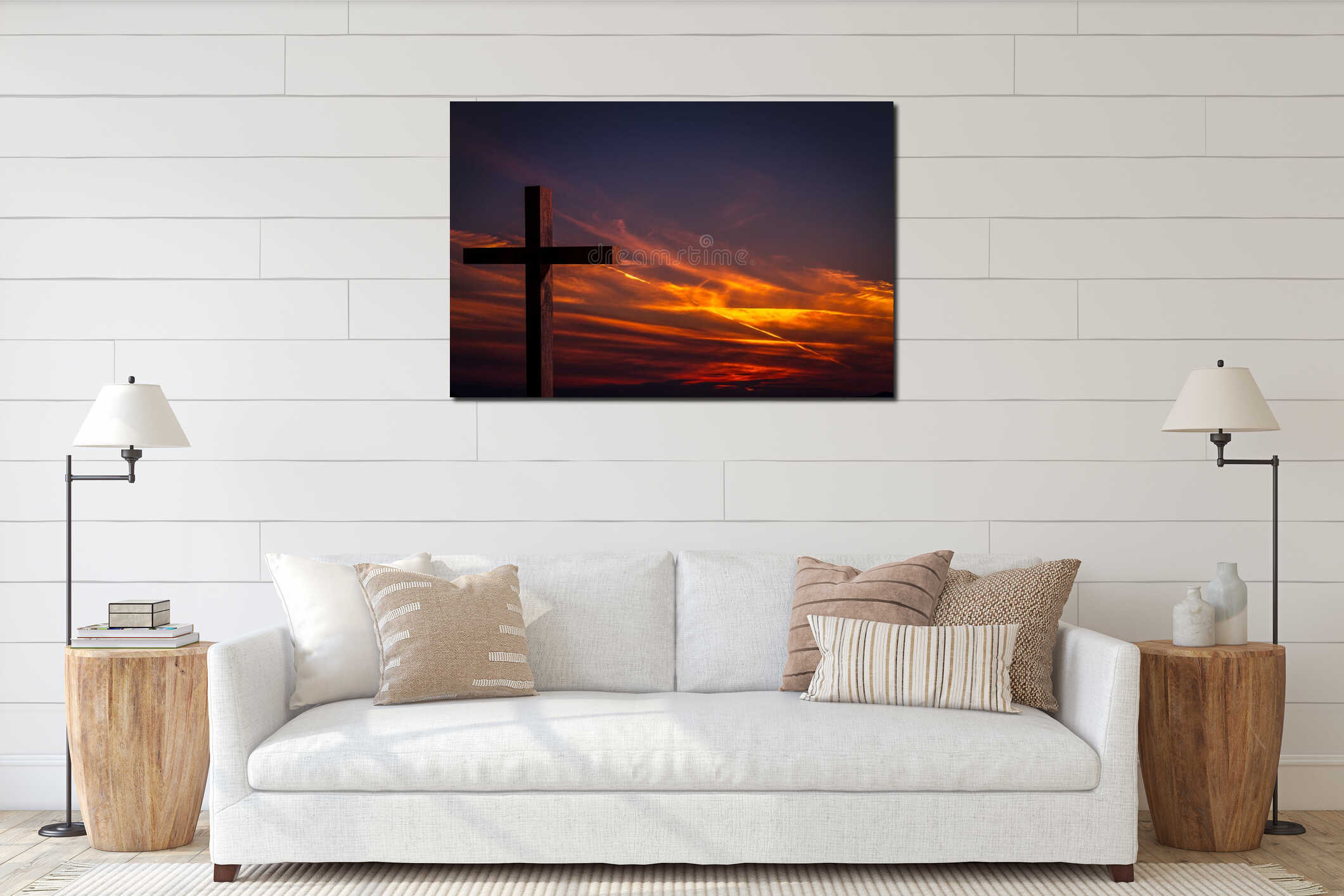 Jesus Christ wooden cross on a background with dramatic, colorful sunset, and orange, purple sky interior mockup