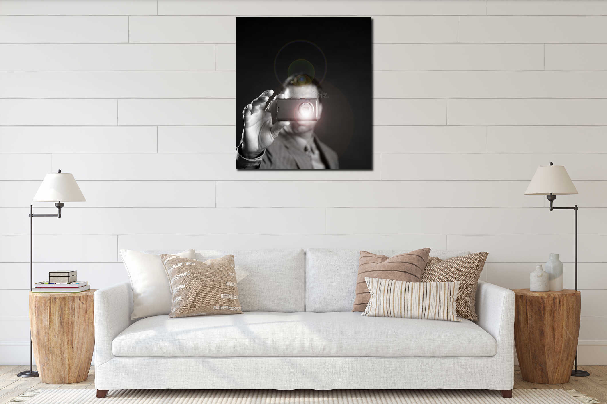 Businessman taking photos, mobile camera interior mockup