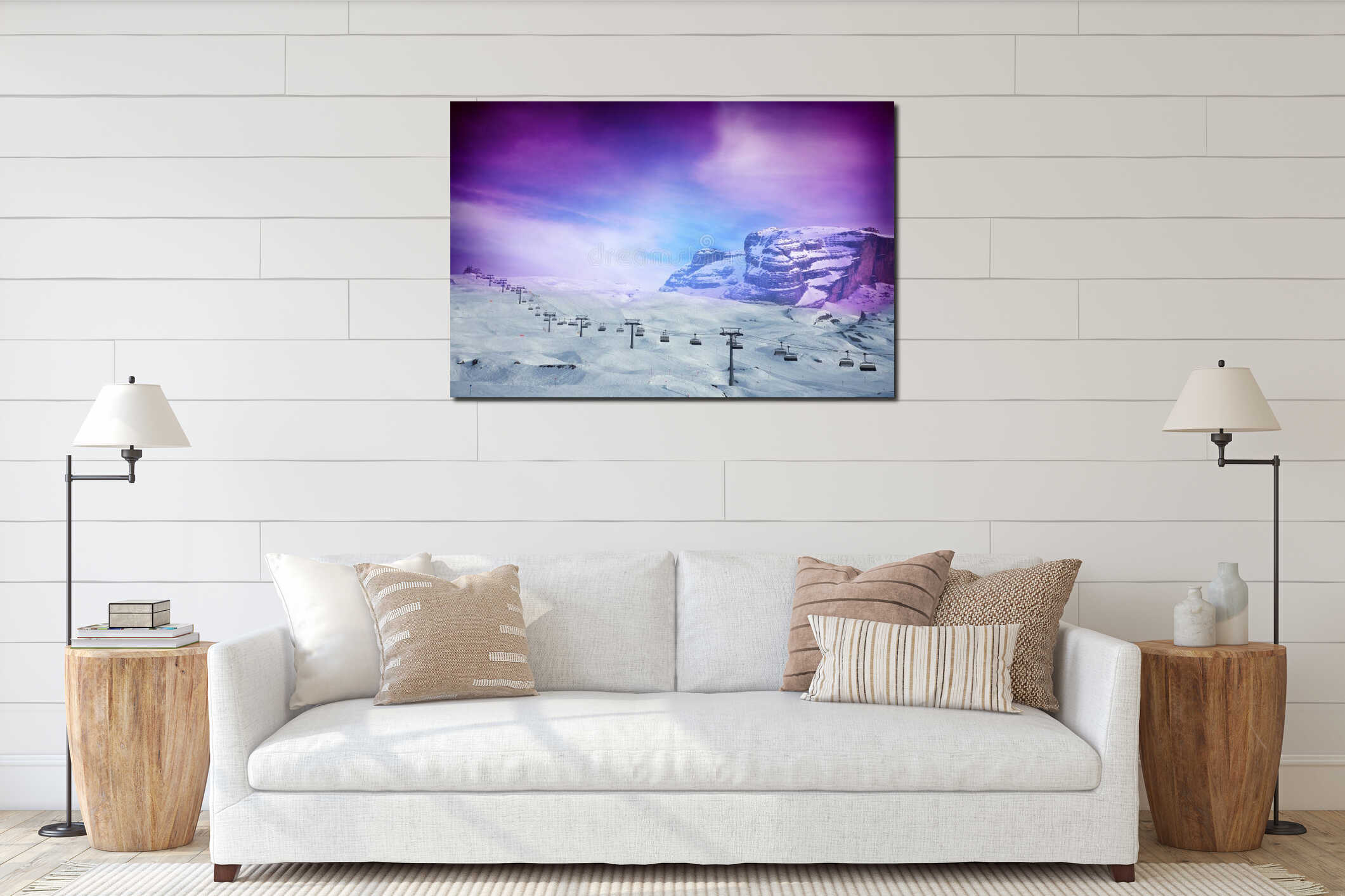 Ski lift with amazing purple sky interior mockup
