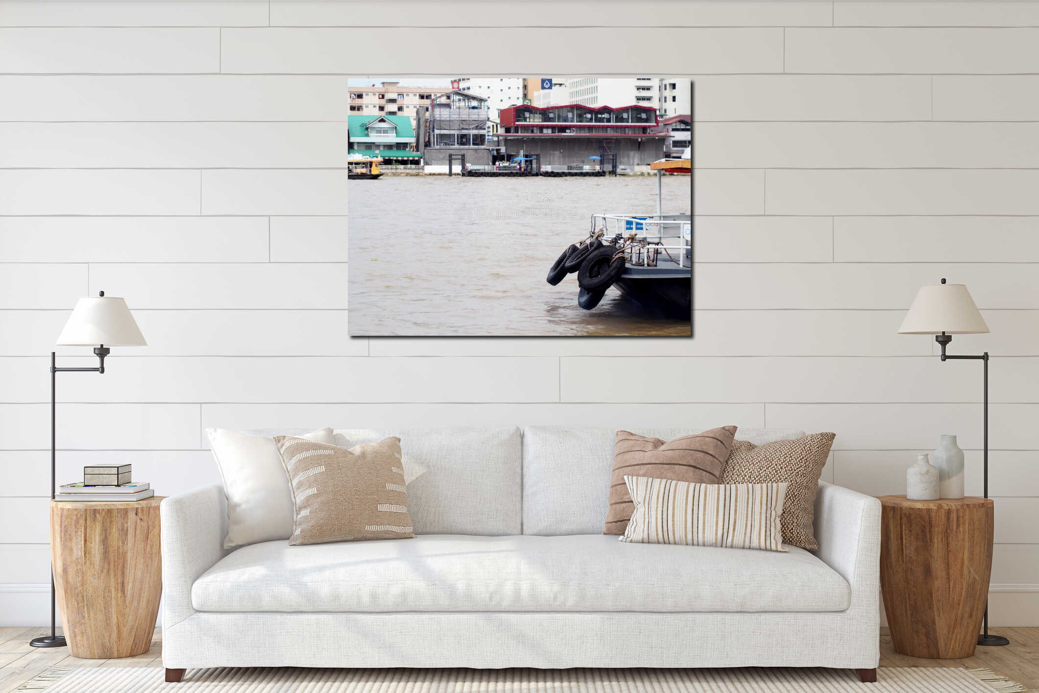 Floating passenger pier for small river crossing ferry ship and transport speed boat interior mockup