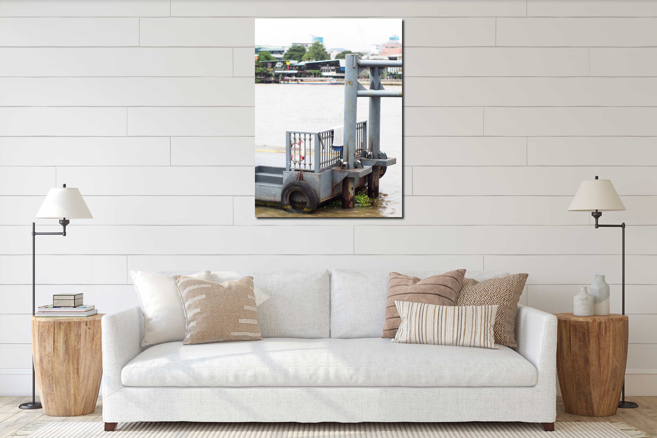 Floating passenger pier for small river crossing ferry ship and transport speed boat interior mockup