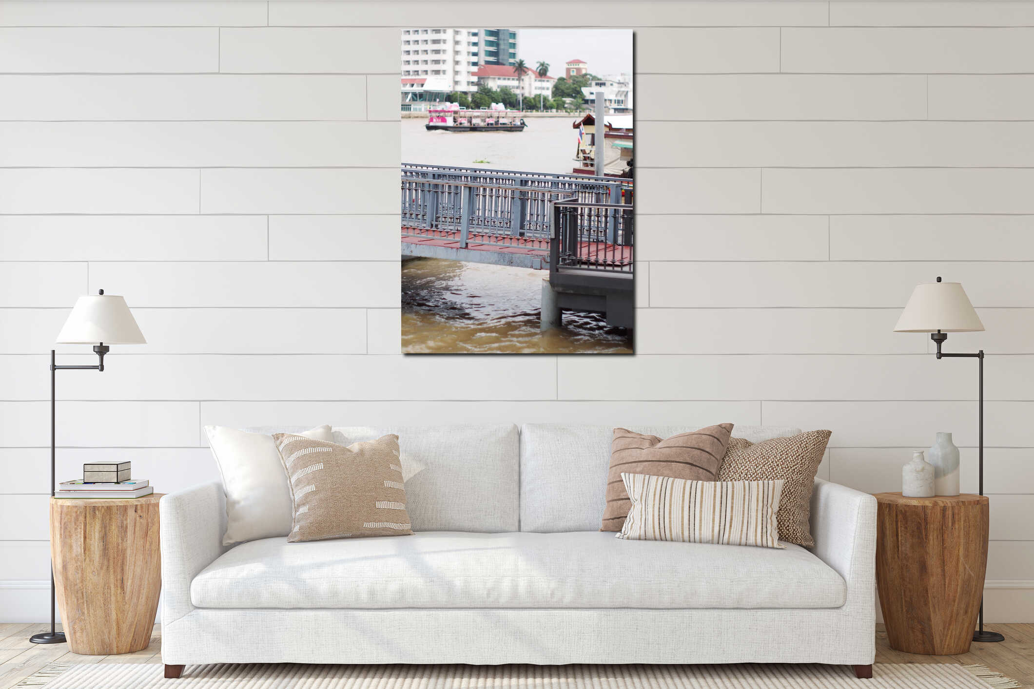 Floating passenger pier for small river crossing ferry ship and transport speed boat interior mockup