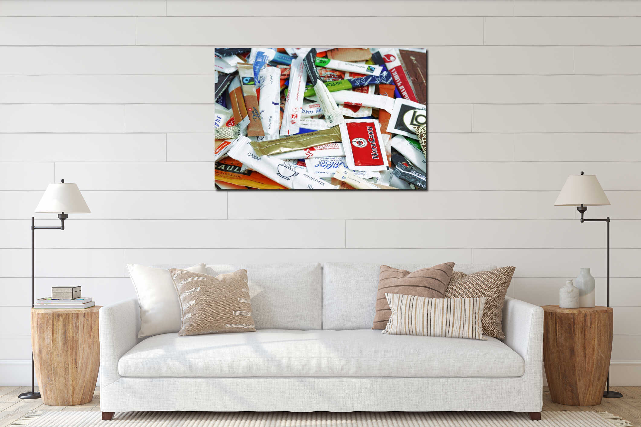 RUSSIA, SAINT-PETERSBURG - OCTOBER 20, 2016. Many sugar sachets of cafes and restaurants from different countries. interior mockup