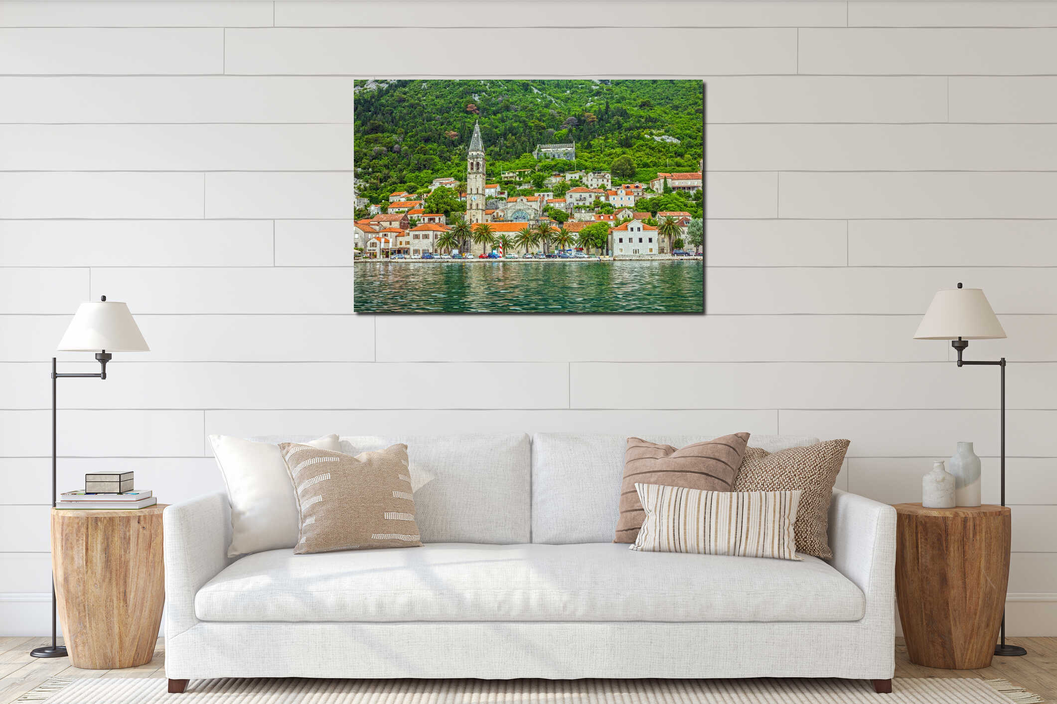 Panorama of Perast, Kotor bay, Montenegro, Adriatic sea interior mockup