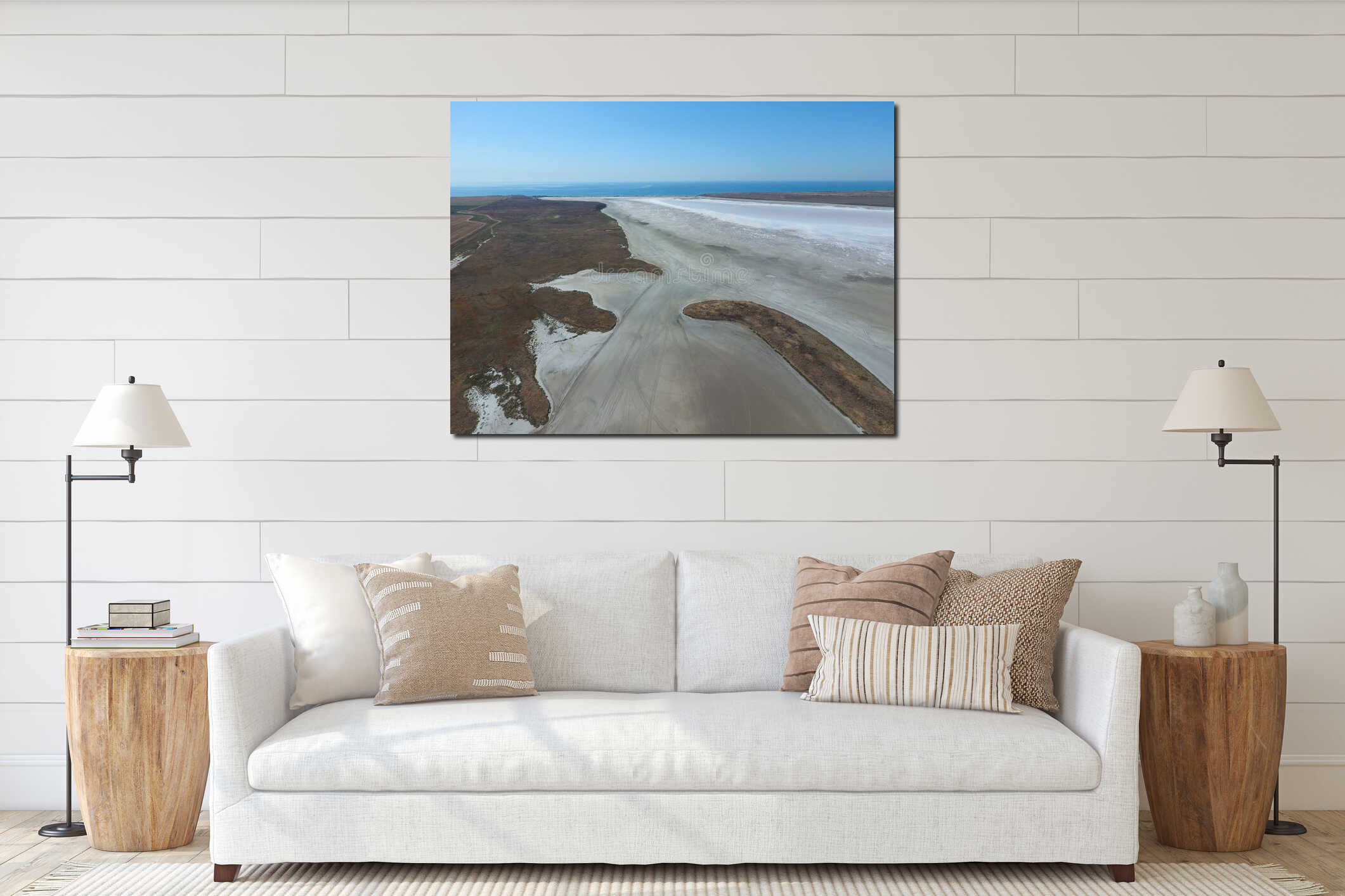 Saline Salt Lake in the Azov Sea coast. Former estuary. View from above. Dry lake. View of the salt lake with a bird's eye view interior mockup
