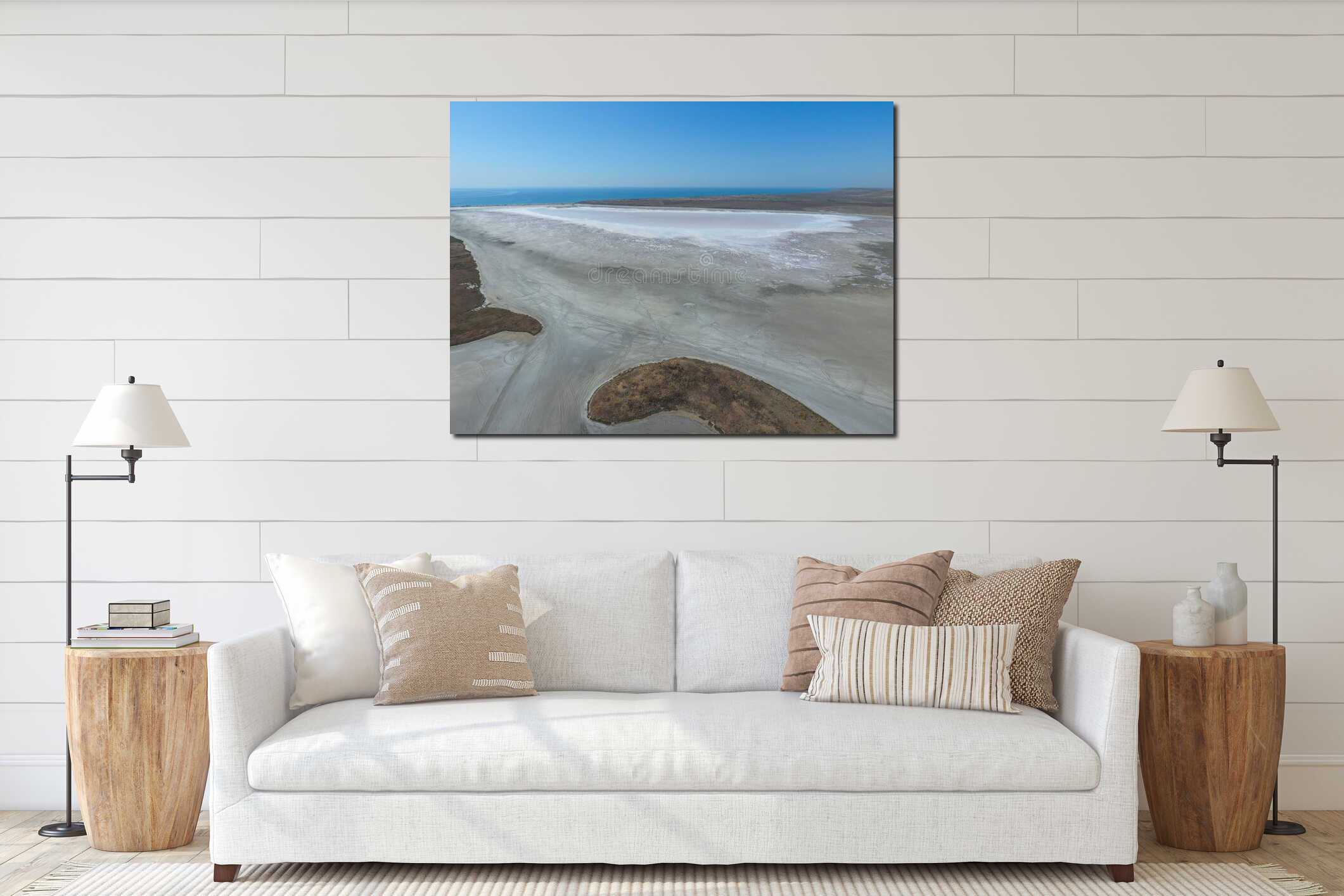 Saline Salt Lake in the Azov Sea coast. Former estuary. View from above. Dry lake. View of the salt lake with a bird's eye view interior mockup