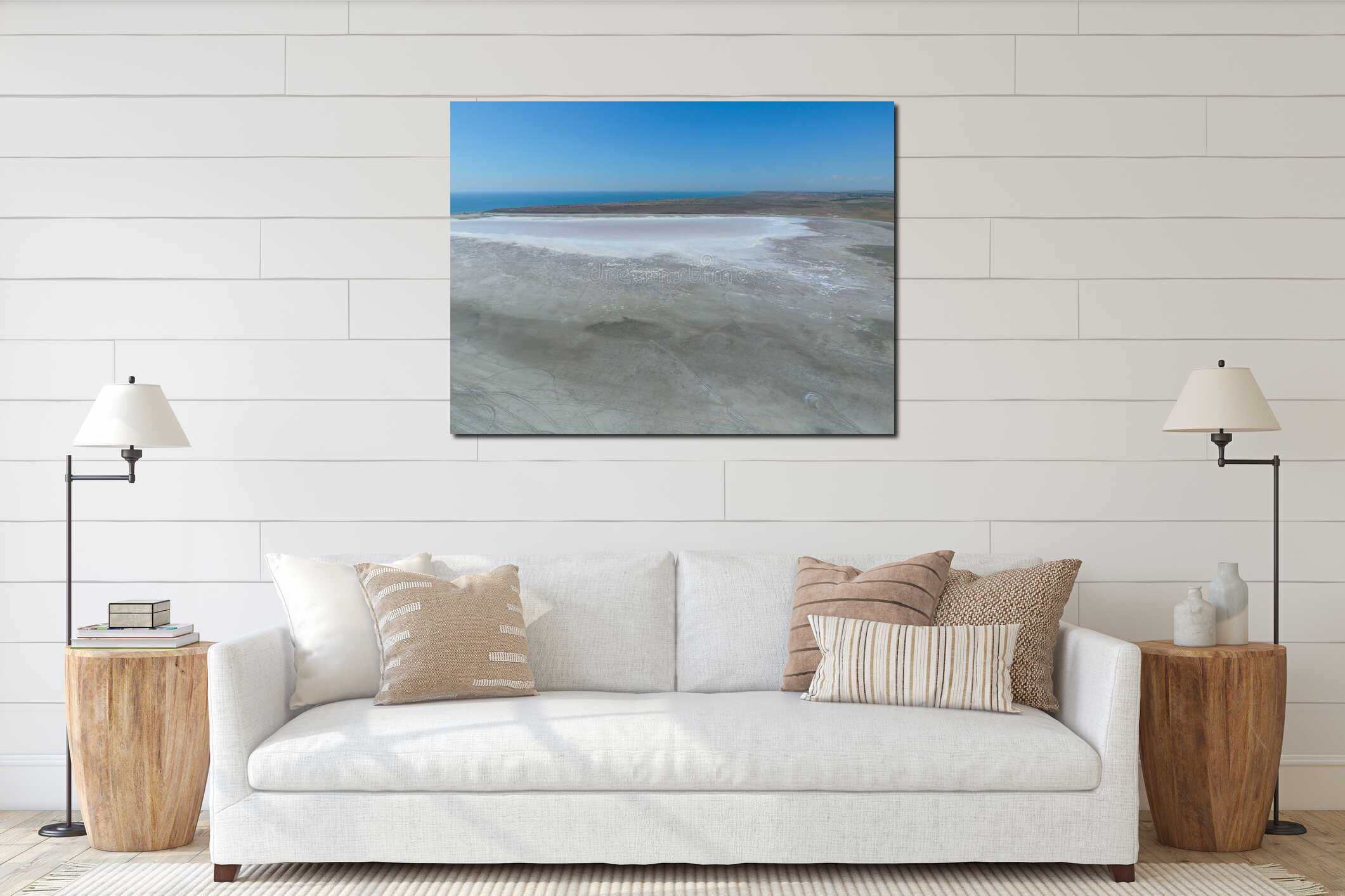 Saline Salt Lake in the Azov Sea coast. Former estuary. View from above. Dry lake. View of the salt lake with a bird's eye view interior mockup