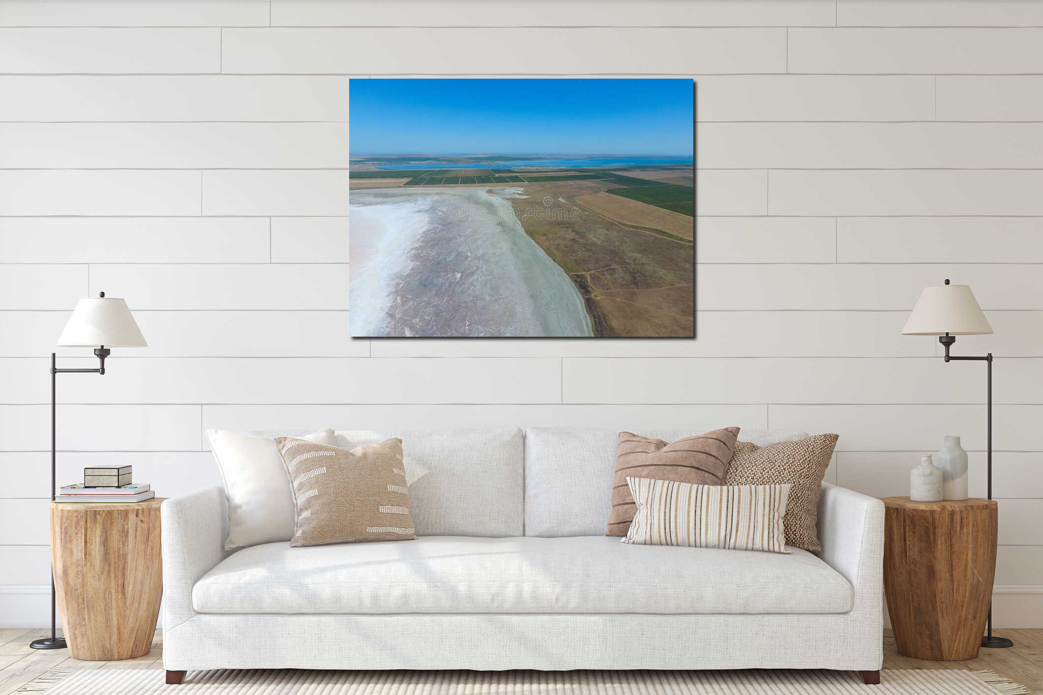 Saline Salt Lake in the Azov Sea coast. Former estuary. View from above. Dry lake. View of the salt lake with a bird's eye view interior mockup