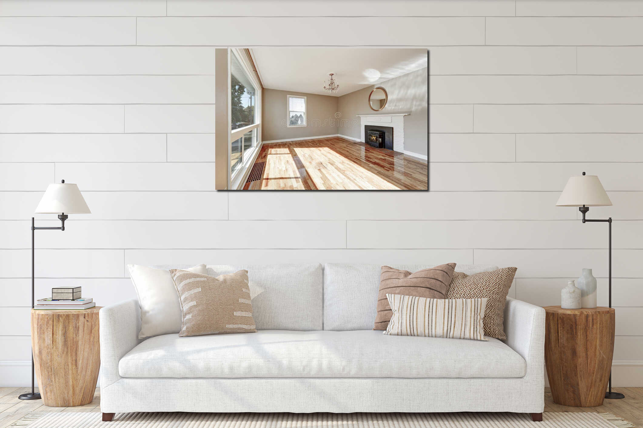 Bright sunny empty living room interior interior mockup