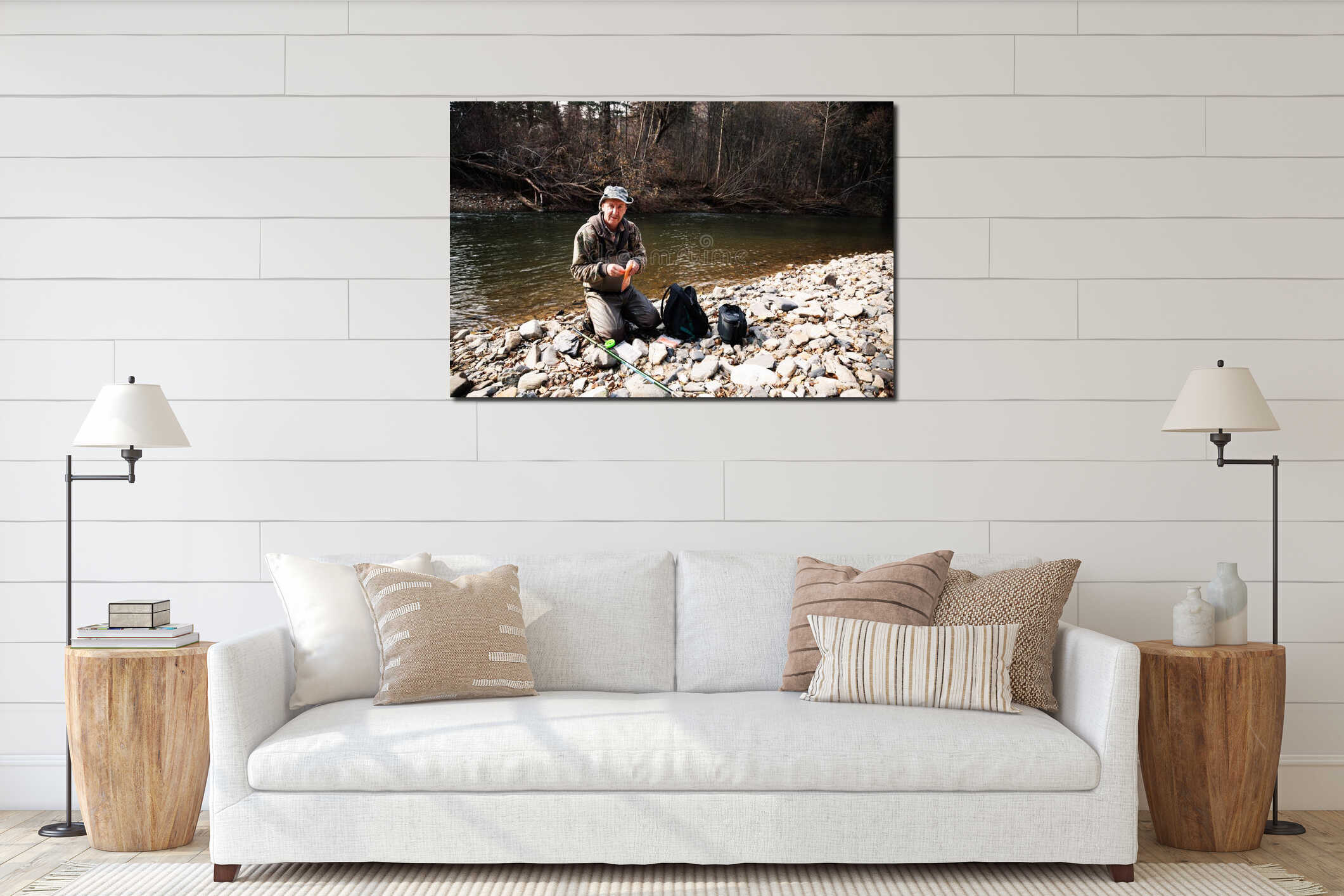 Fisherman preparing fishing gear for fishing interior mockup