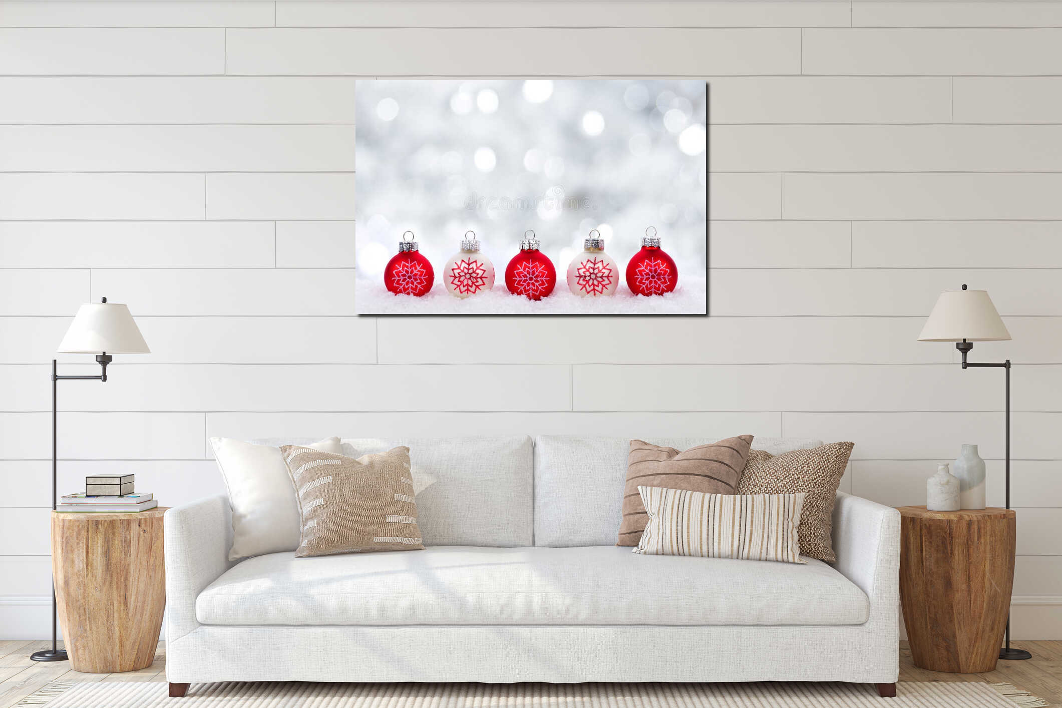 Red and white Christmas ornaments with twinkling silver background interior mockup
