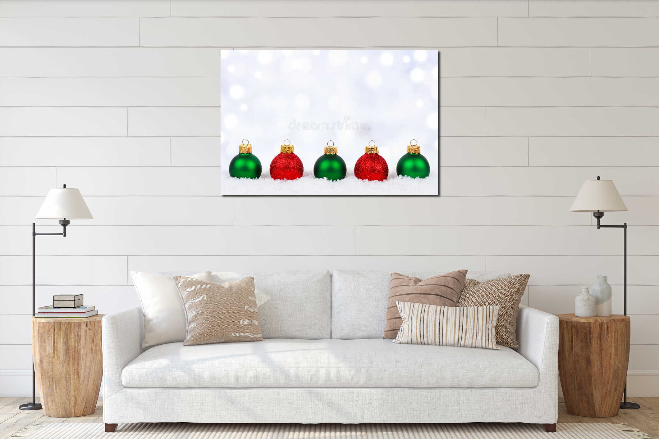 Red and green Christmas ornaments in snow with twinkling background interior mockup