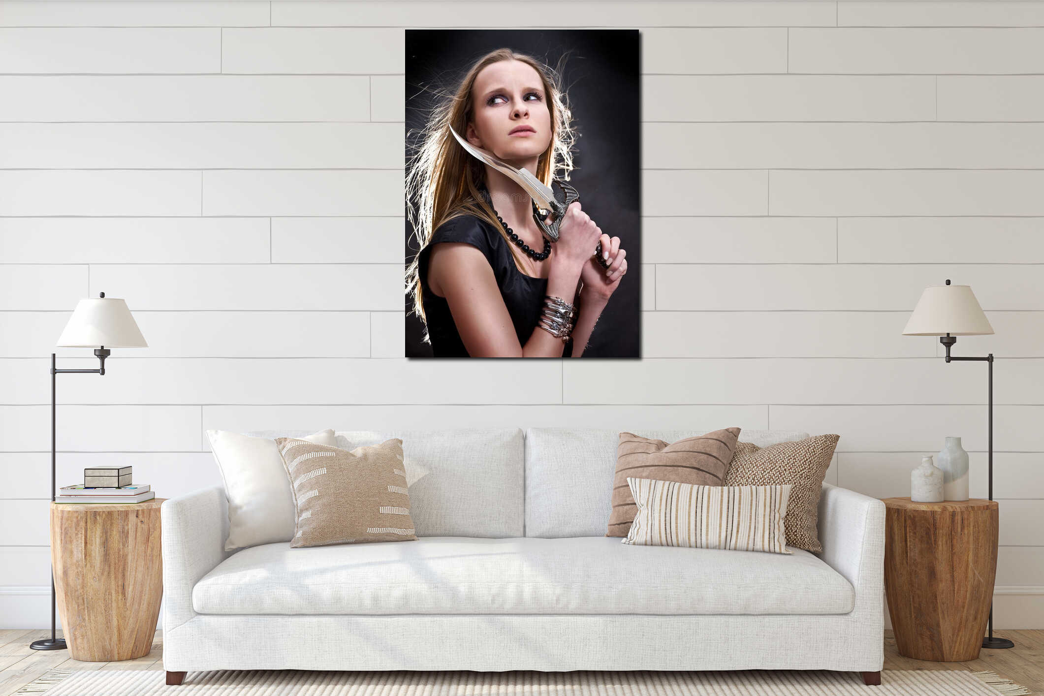 Blond young girl holding dagger interior mockup