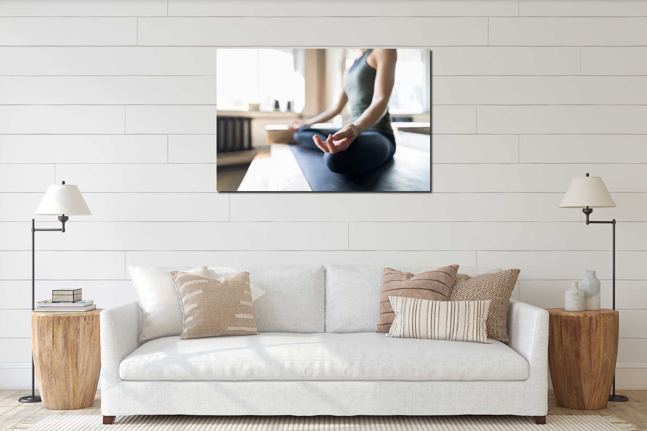 Woman Doing Yoga Exercises In Gym, Closeup Sport Fitness Girl Sitting Lotus Pose interior mockup
