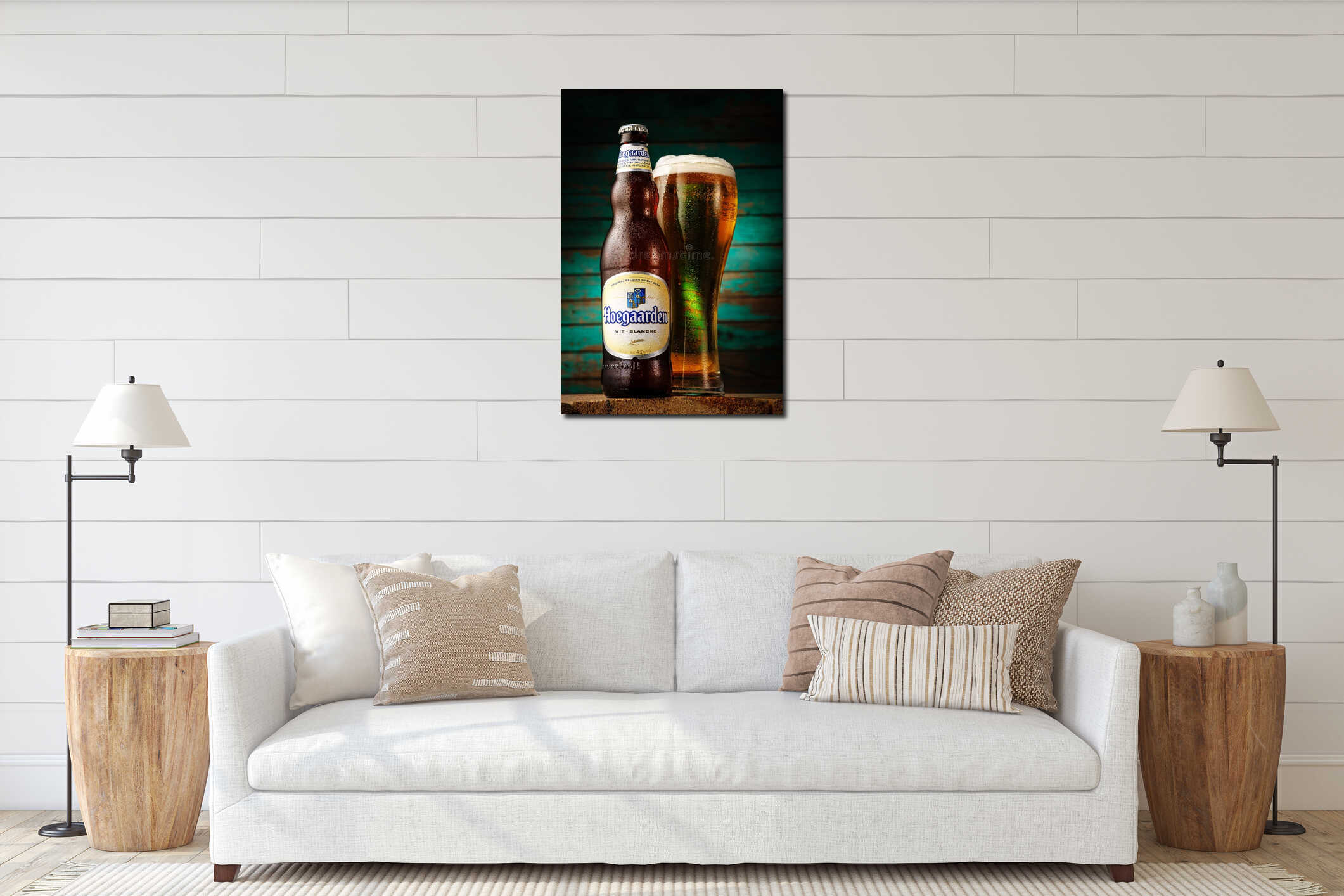 Hoegaarden beer bottle on wooden background interior mockup