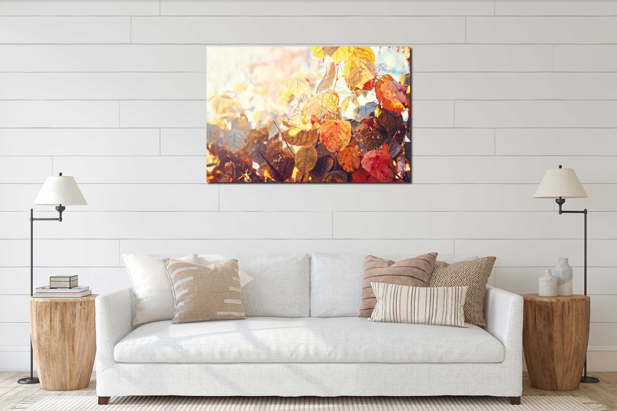 Close up image shot with colorful yellow red autumn fall leaves on tree branches interior mockup