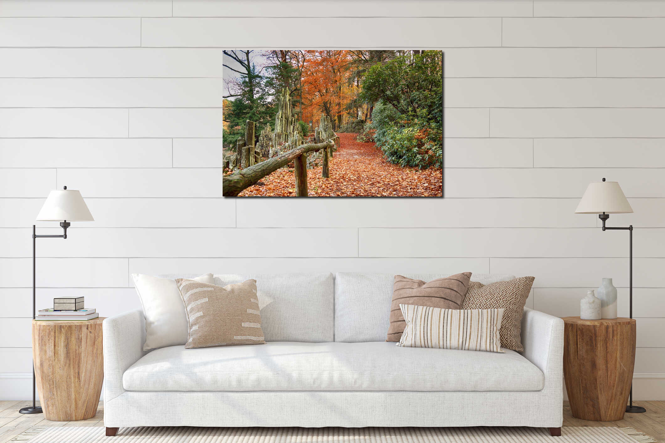 Park in Kromlau, Saxony, Germany. Amazing, colorful autumn background interior mockup