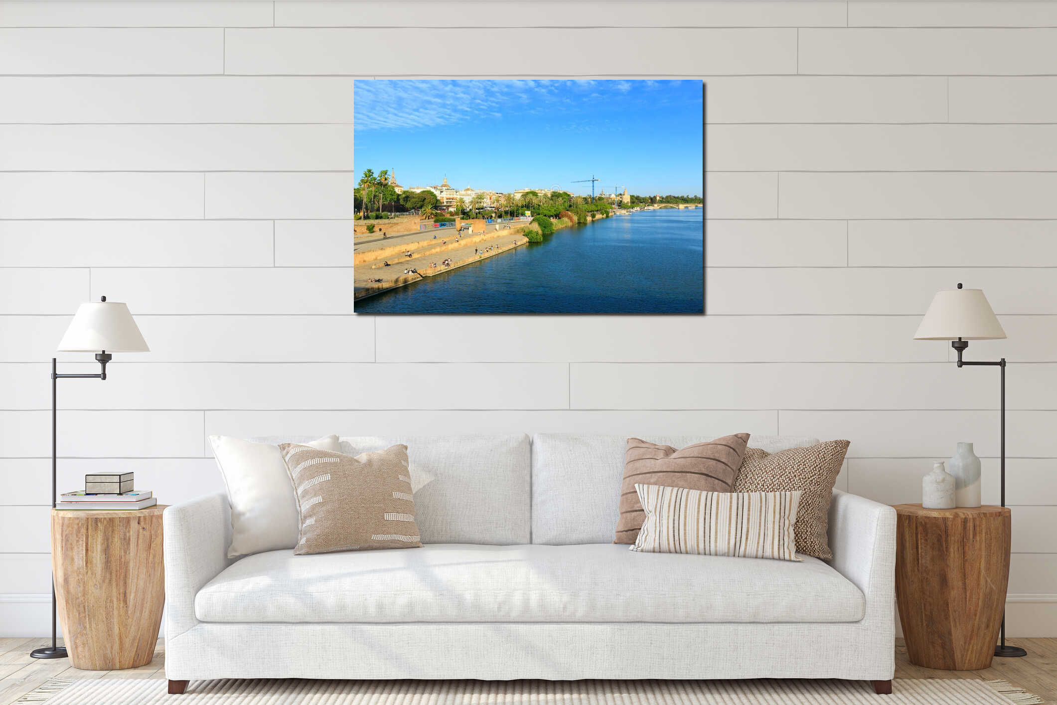 Evening Seville city view Spain. interior mockup