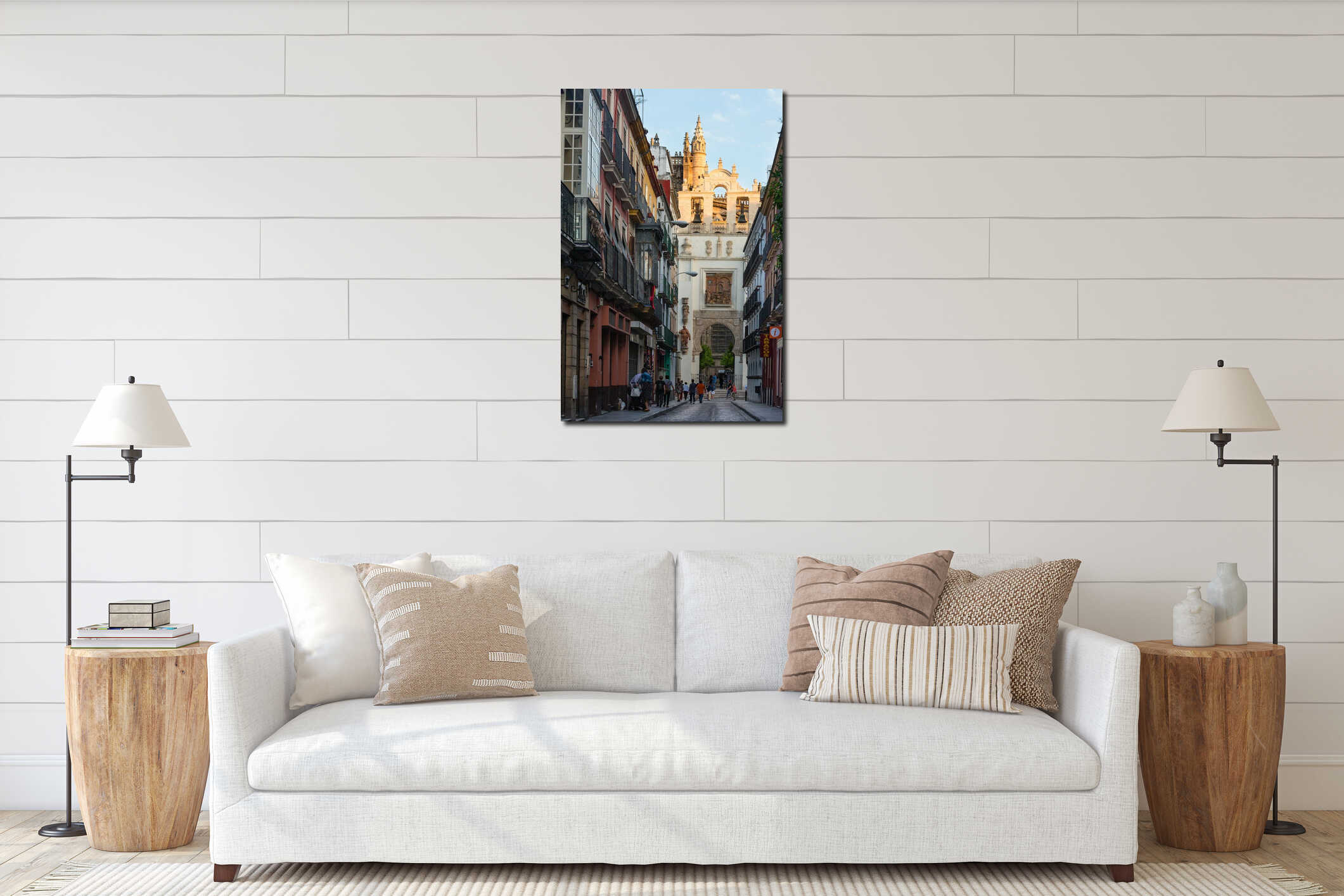 Evening Seville city view Spain. interior mockup