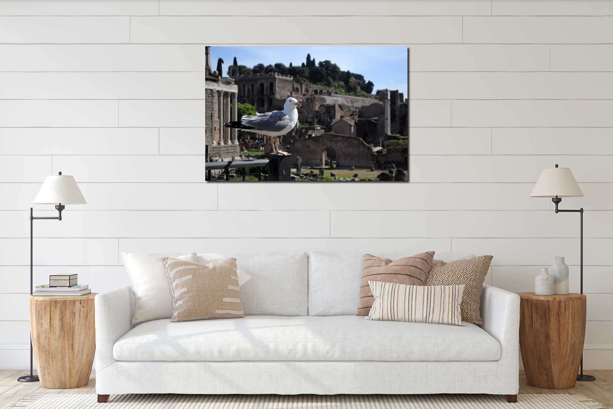 Seagull in front of roman ruins interior mockup