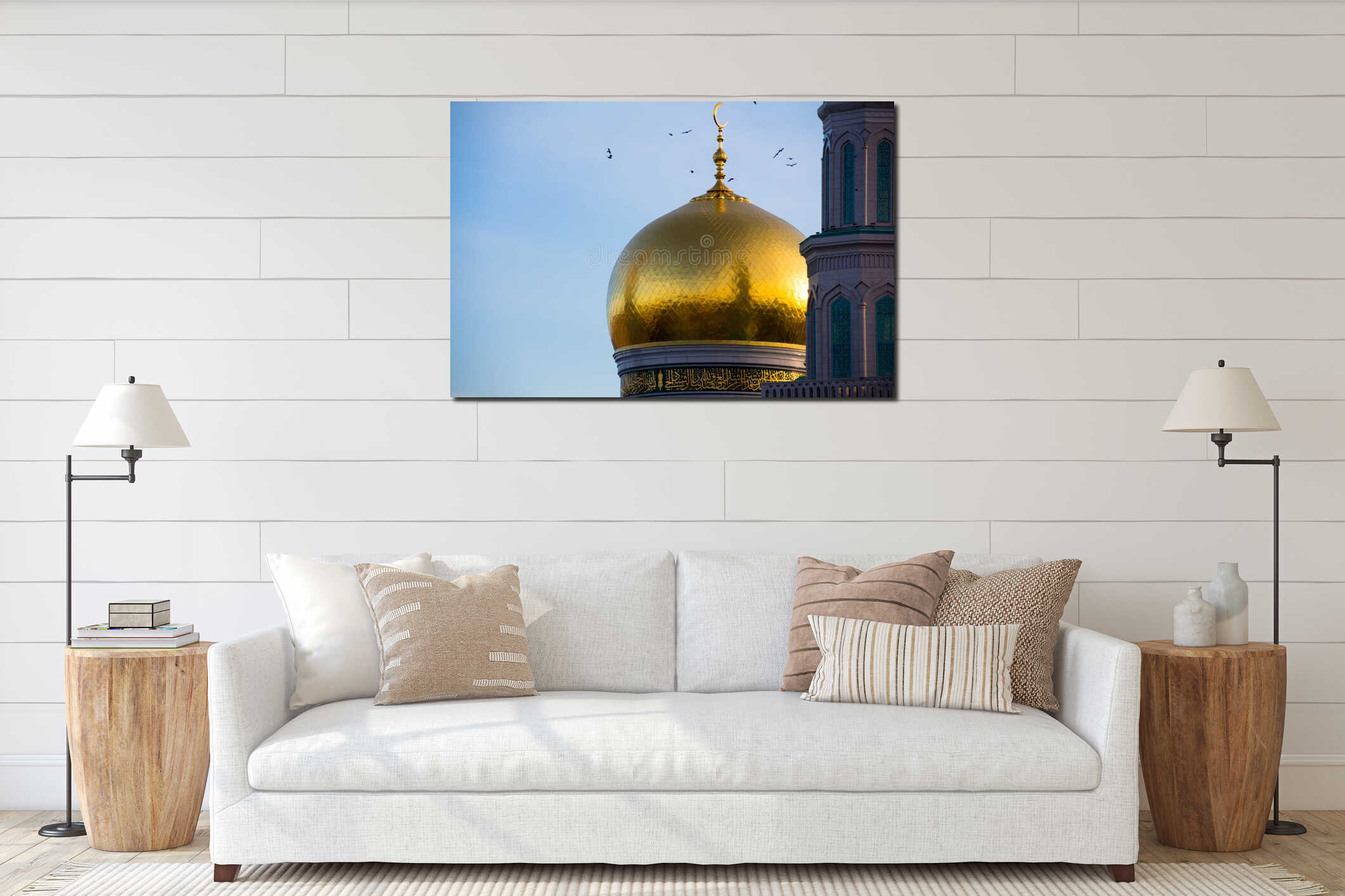 A flock around the golden dome and crescent of central cathedral interior mockup