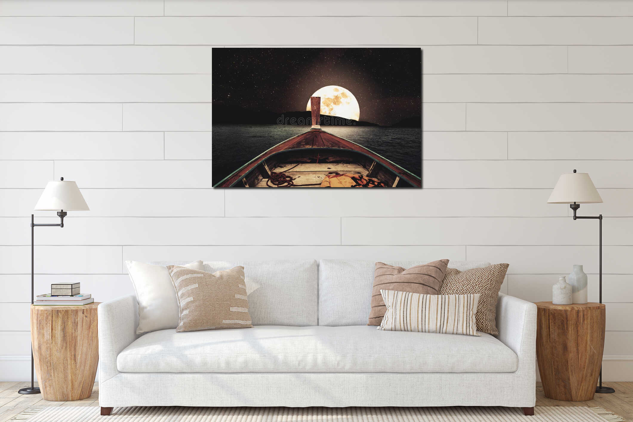 Traveling on wooden boat at night with full moon and stars on sky. scenic panorama with full moon on sea at night, vintage tone interior mockup