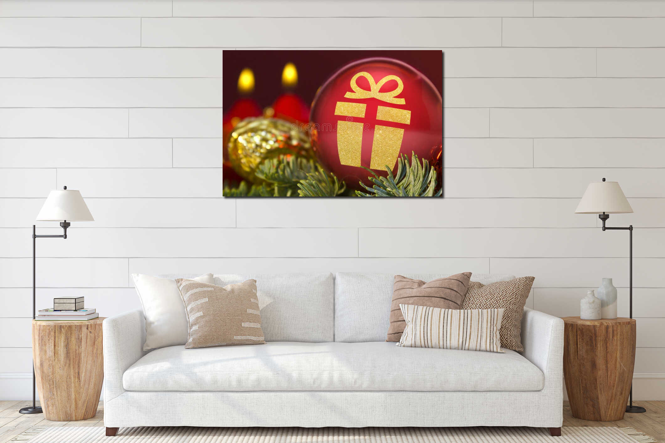 Red bauble with the golden shape of a gift. series interior mockup