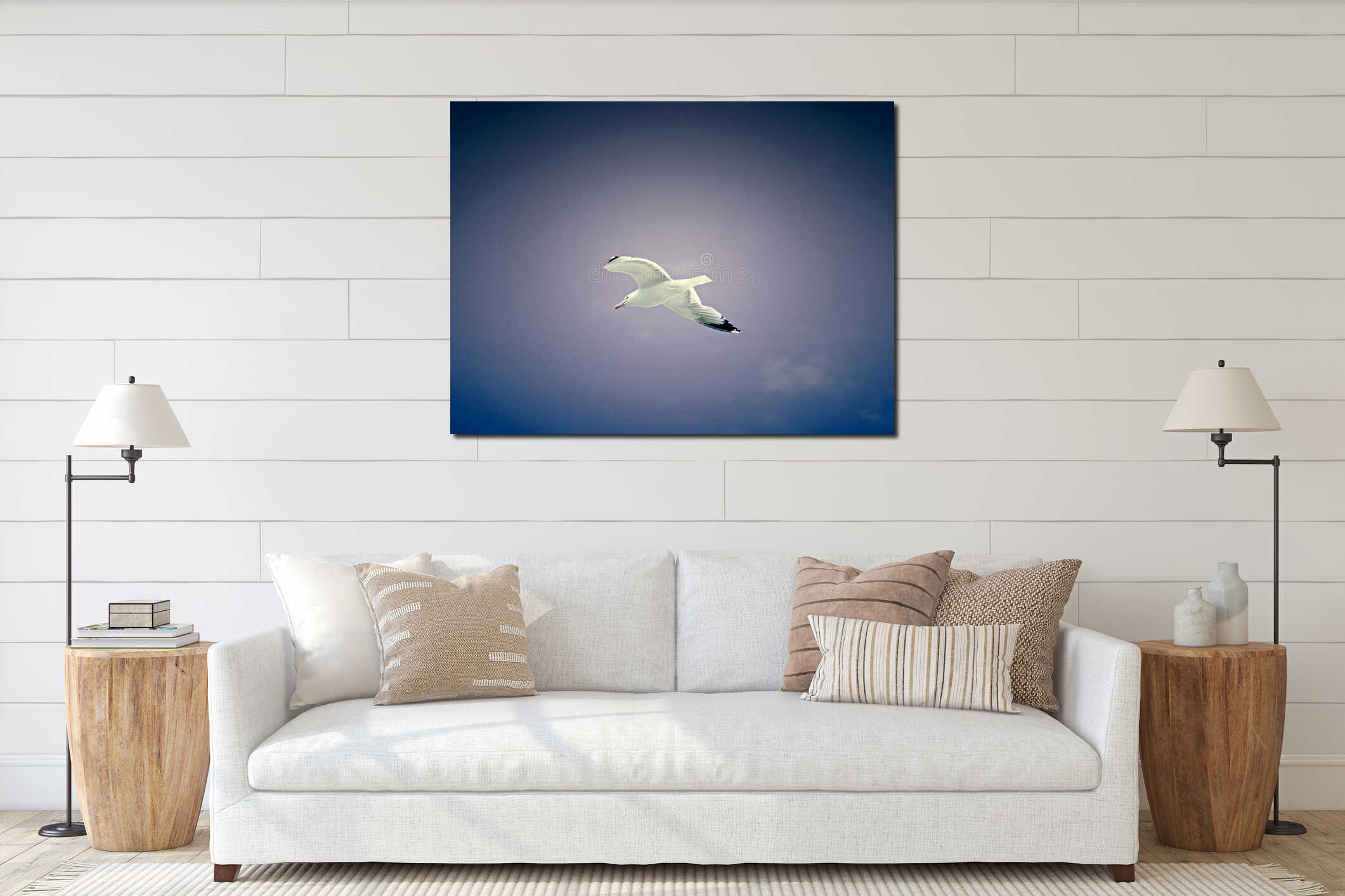 Seagull flying sky interior mockup