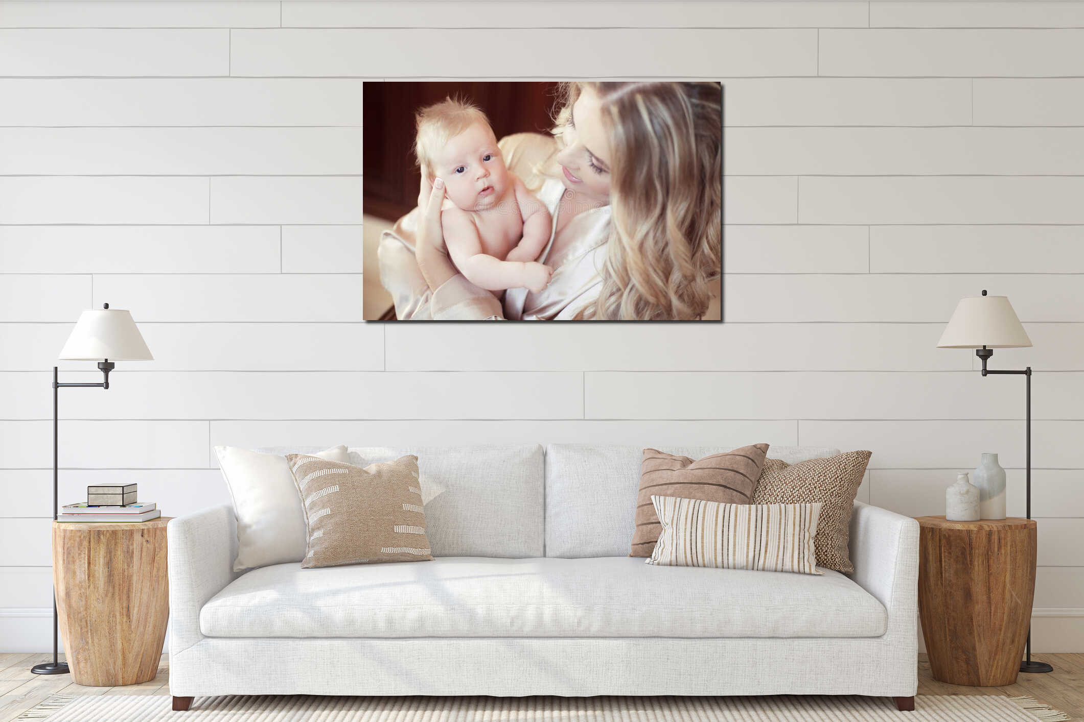 Adorable baby portrait. Happy beautiful mother holding her newbo interior mockup
