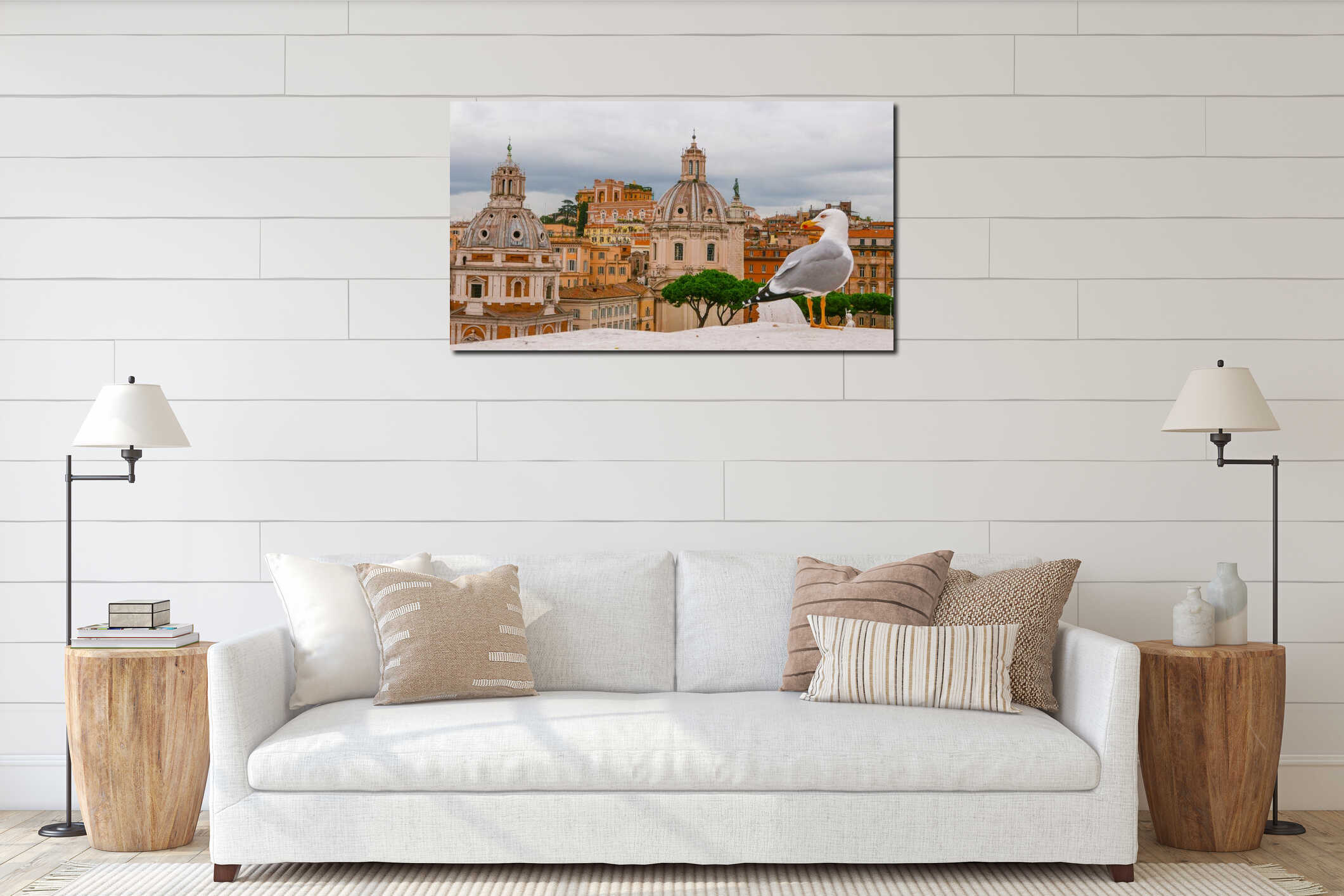 A seagull over the rooftops of Rome interior mockup