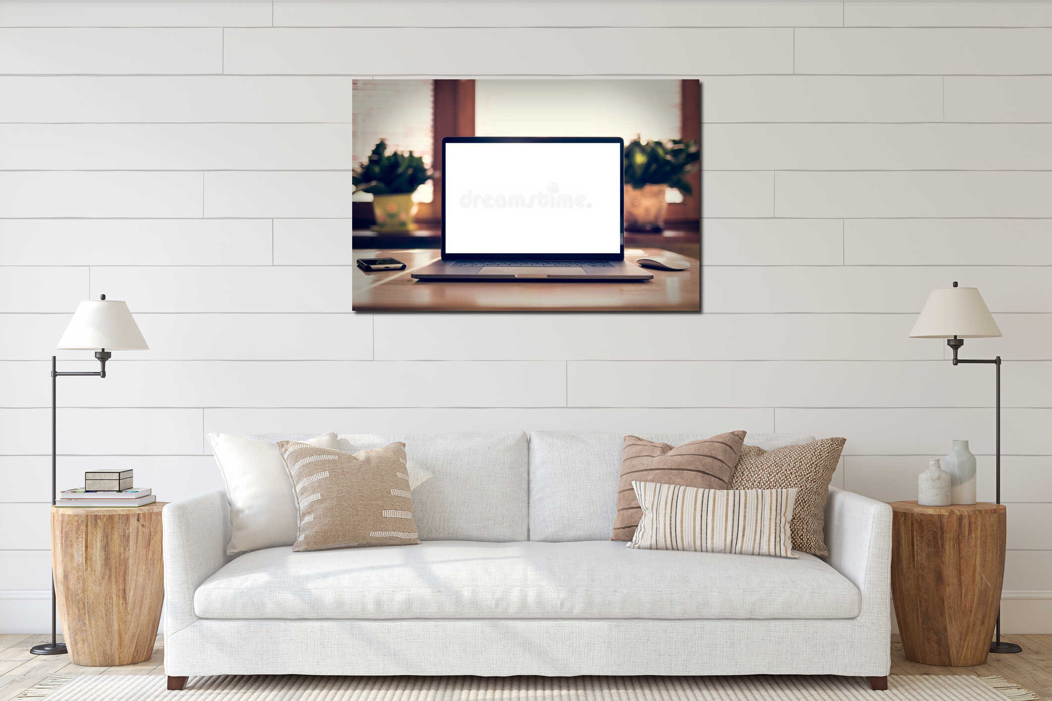 Laptop with blank screen on table interior mockup