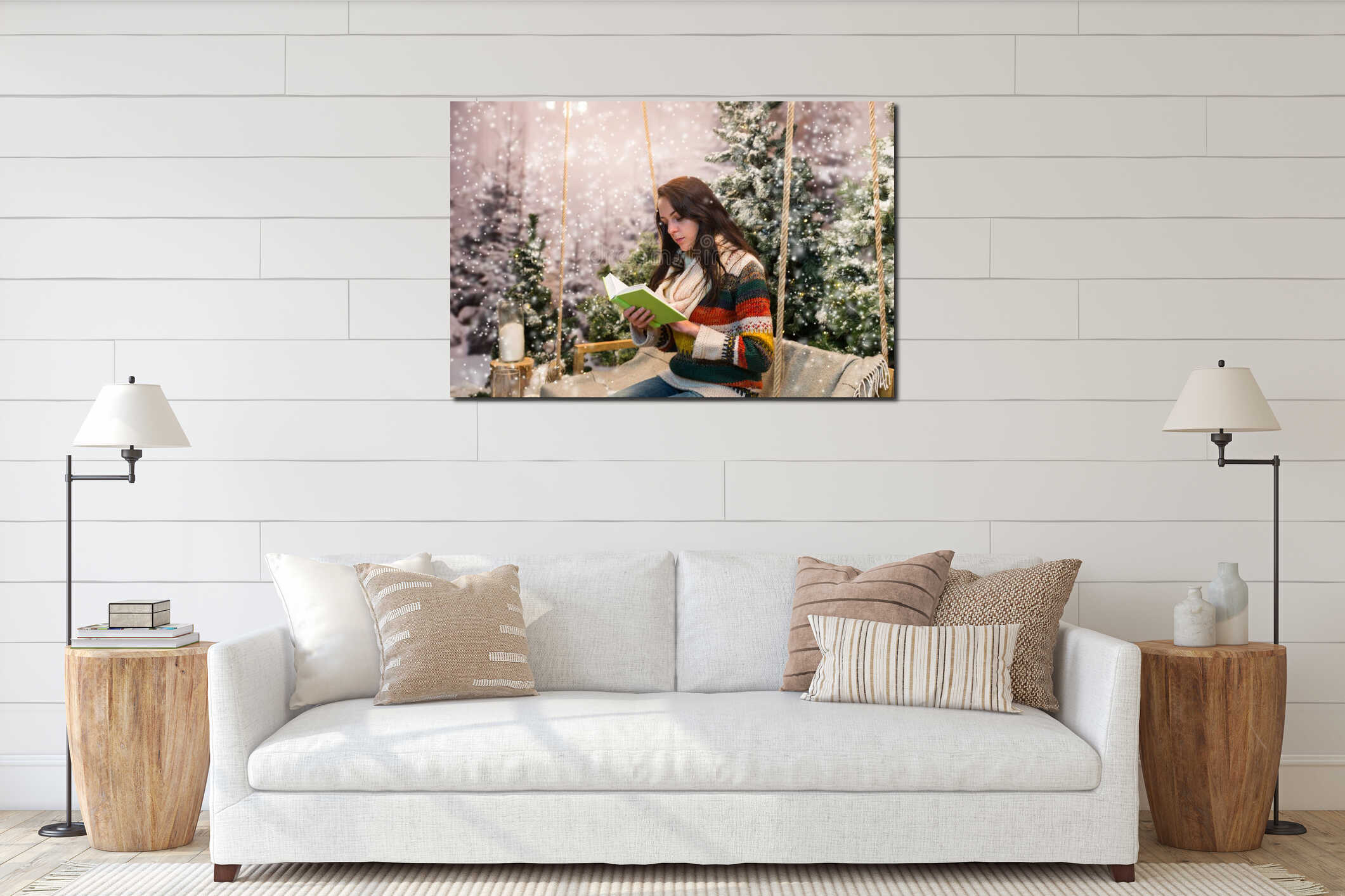 Romantic woman reading a book while sitting on a swing with a bl interior mockup