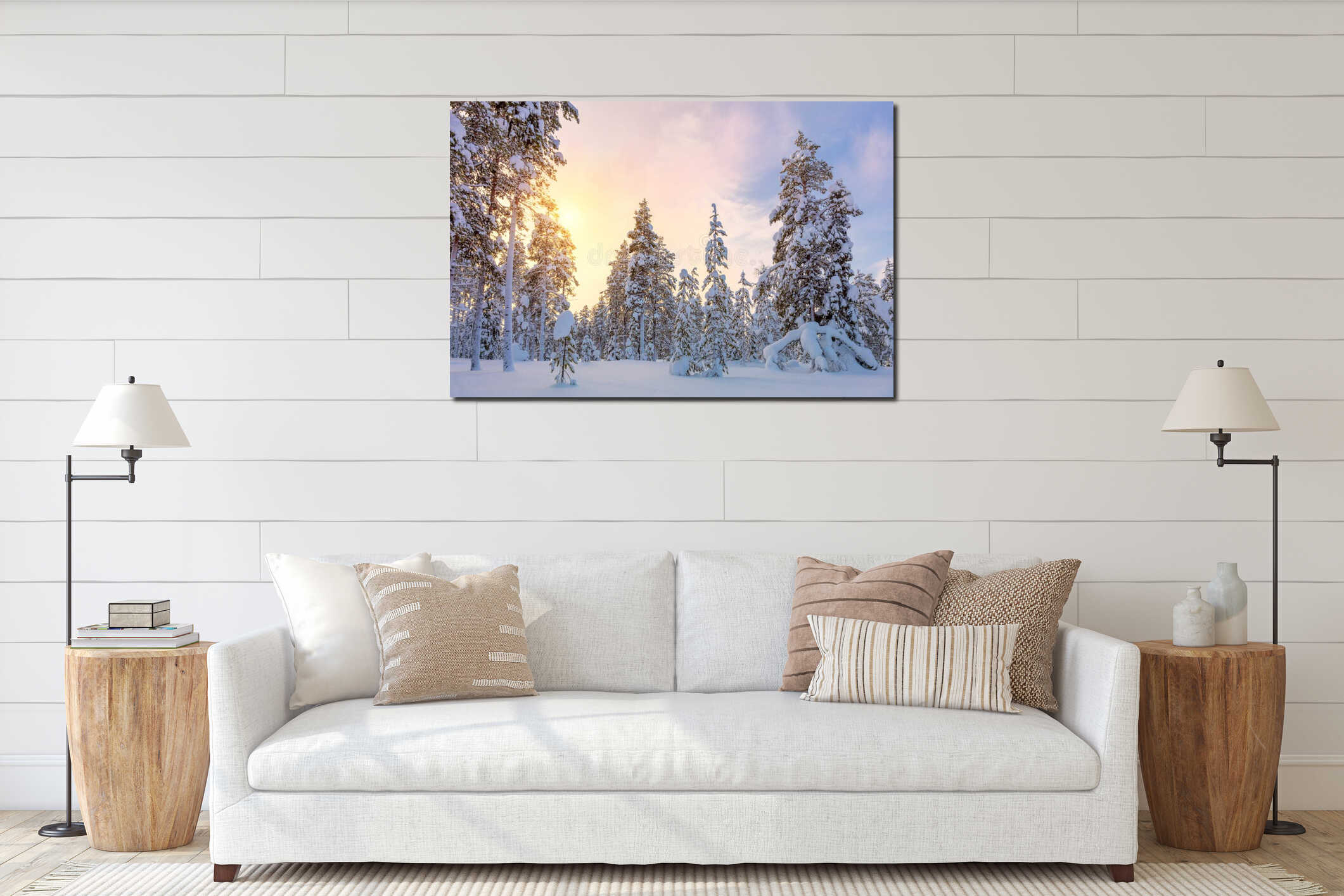 Gentle Winter Sundown - snowy forest landscape with big pine trees interior mockup