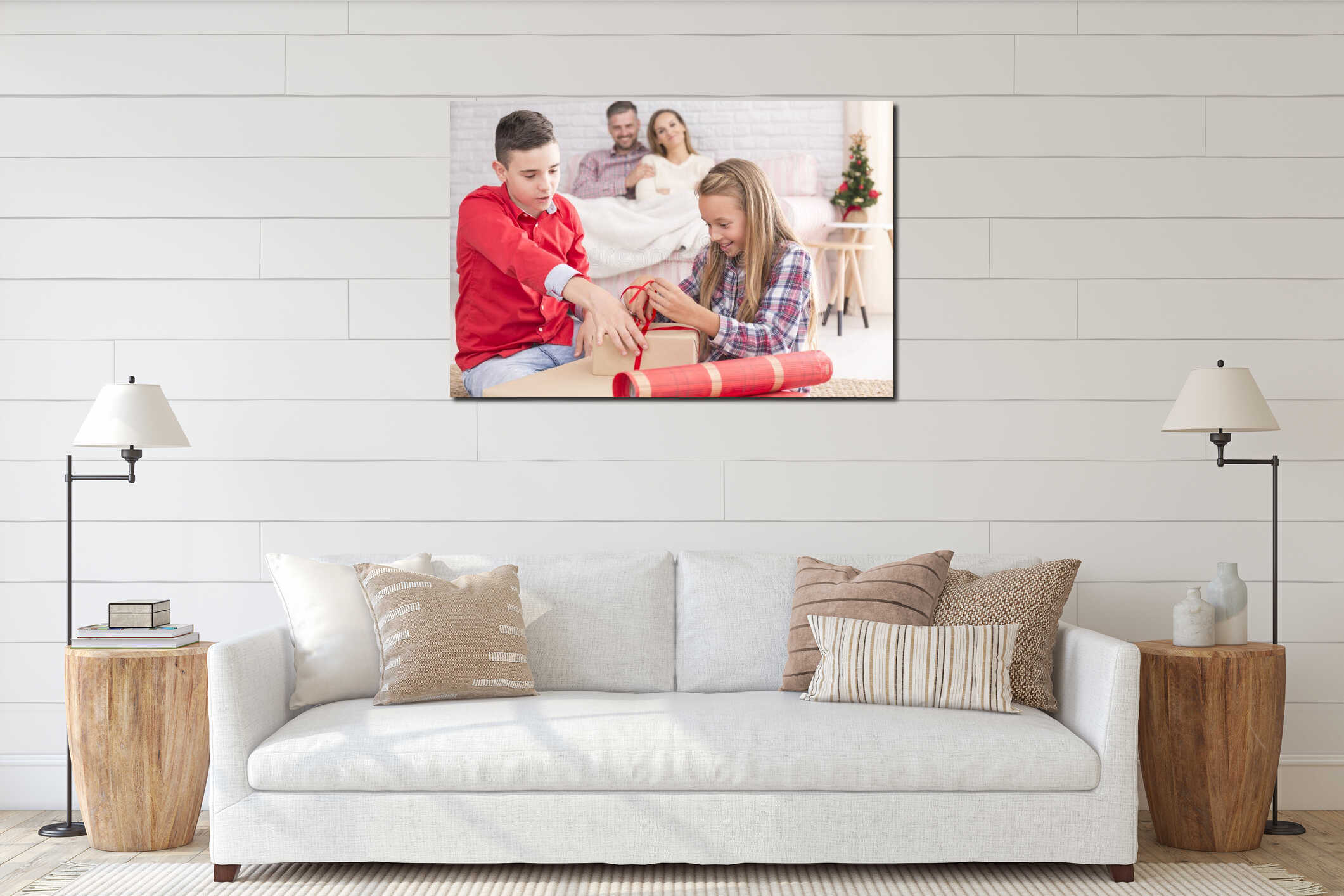 Children packing Christmas gifts interior mockup