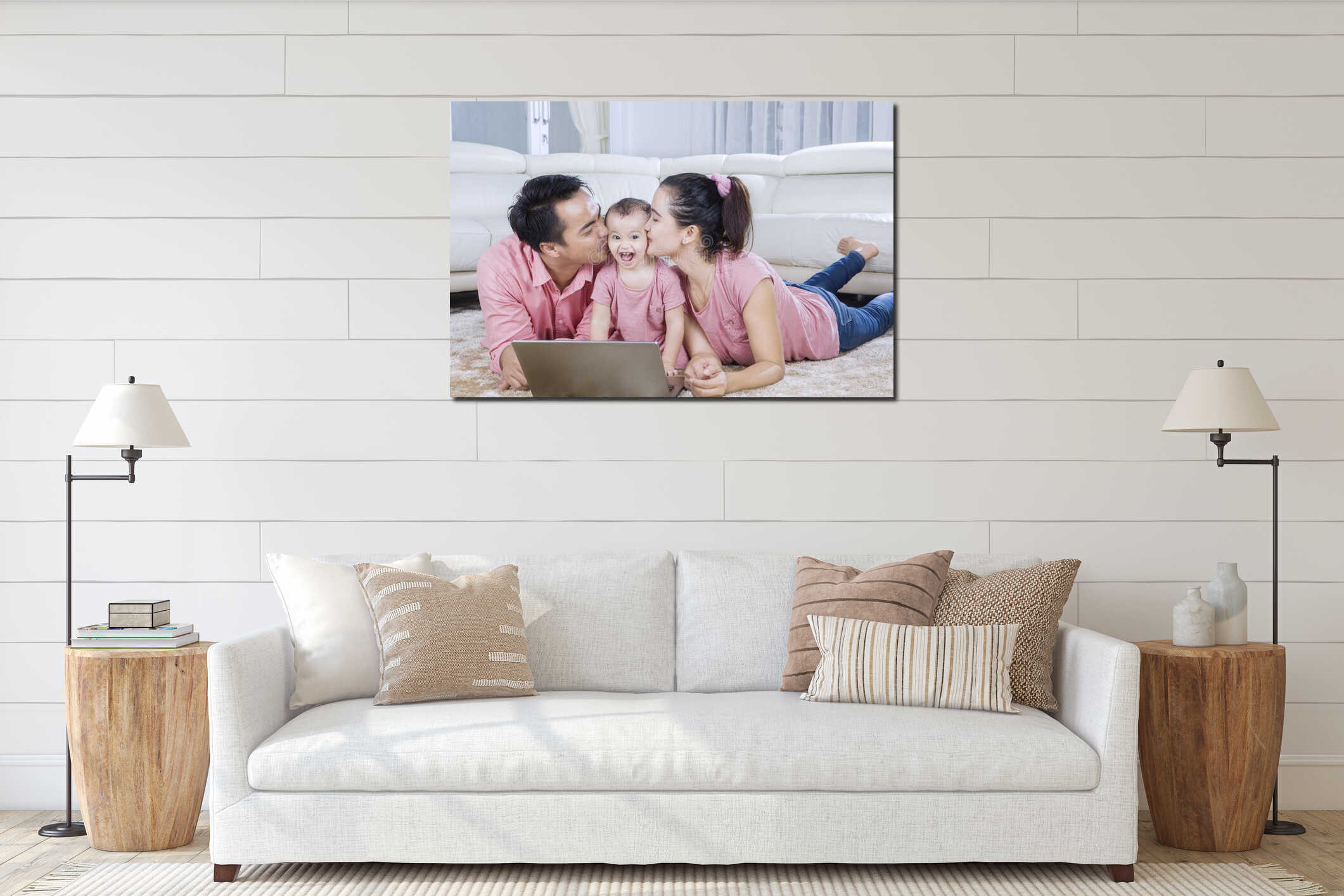 Happy parents kissing their cute girl interior mockup
