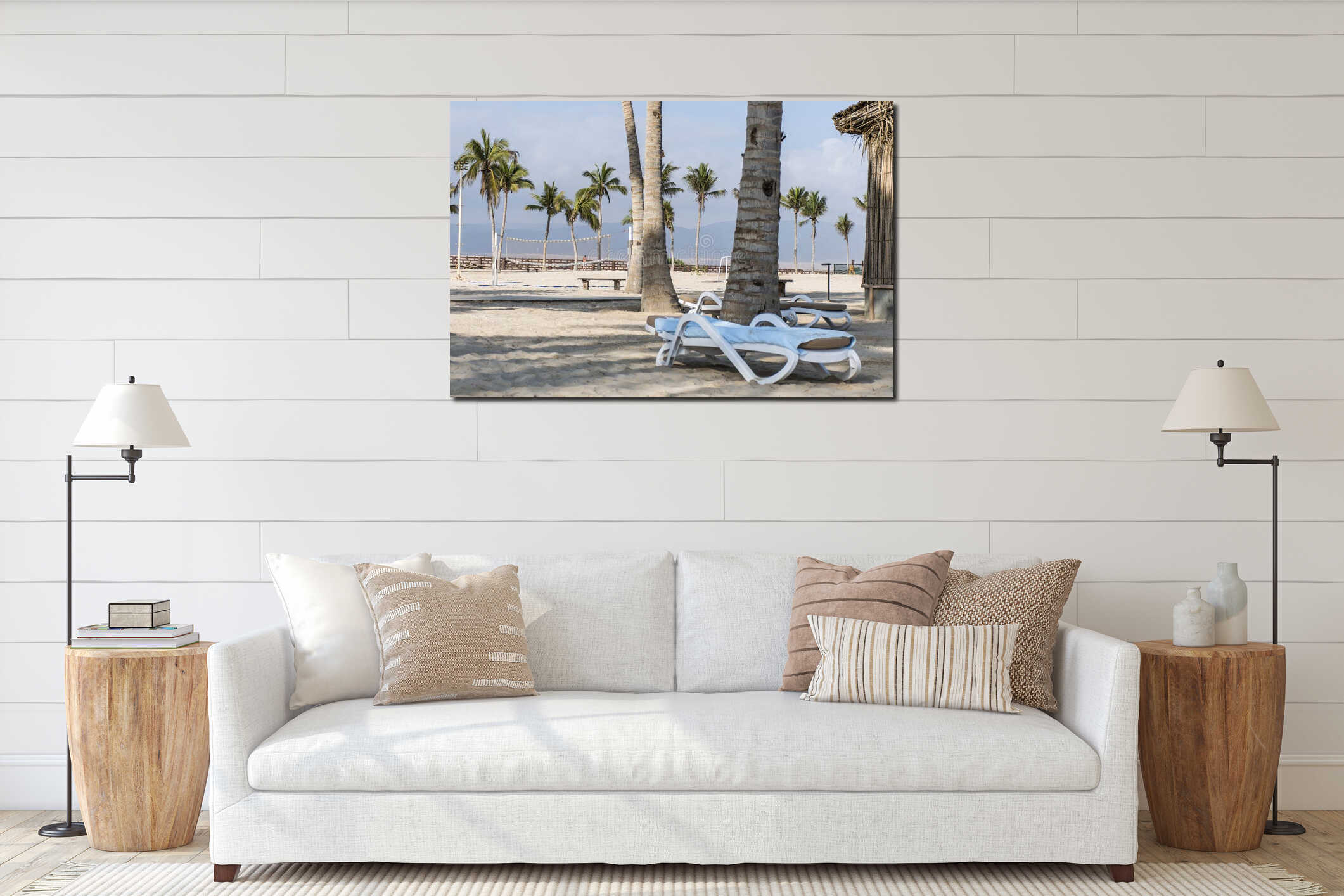 Sun lounger between palms tropical beach oman salalah souly bay interior mockup