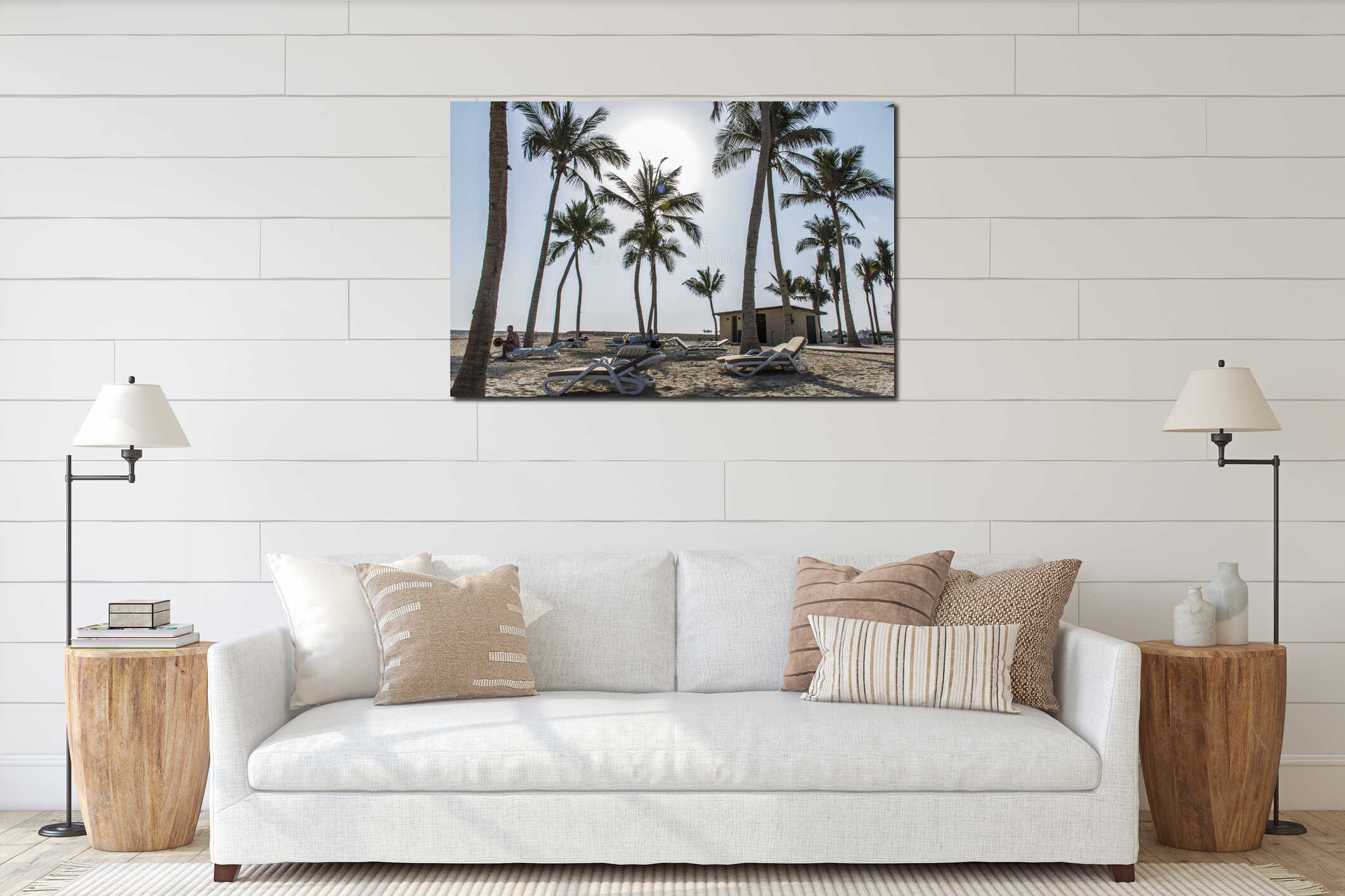 Sun lounger between palms tropical beach oman salalah souly bay interior mockup