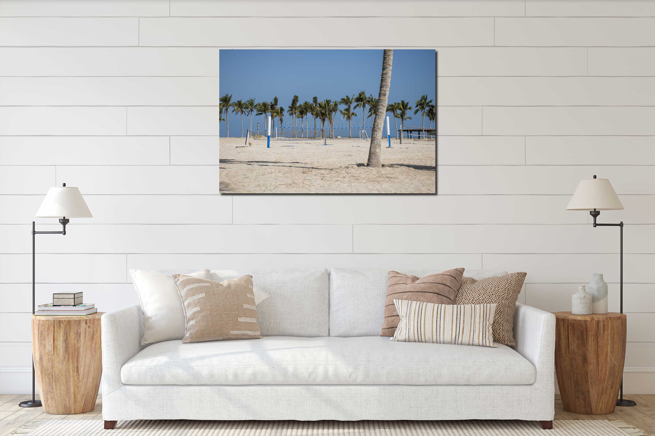 Volley ball between palms tropical beach oman salalah souly bay interior mockup