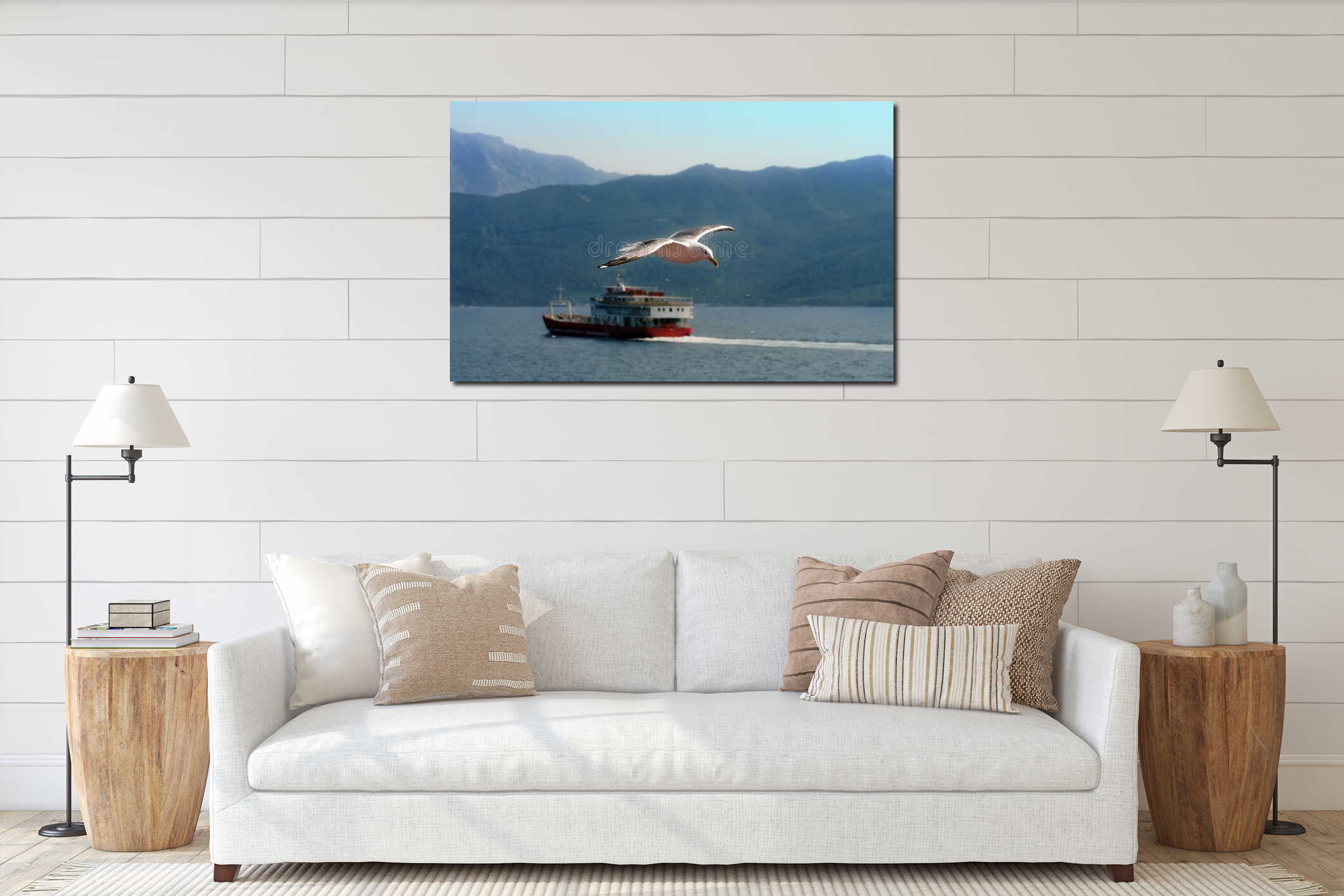 Seagull Flying Over the Aegean Sea. Summer seascape interior mockup