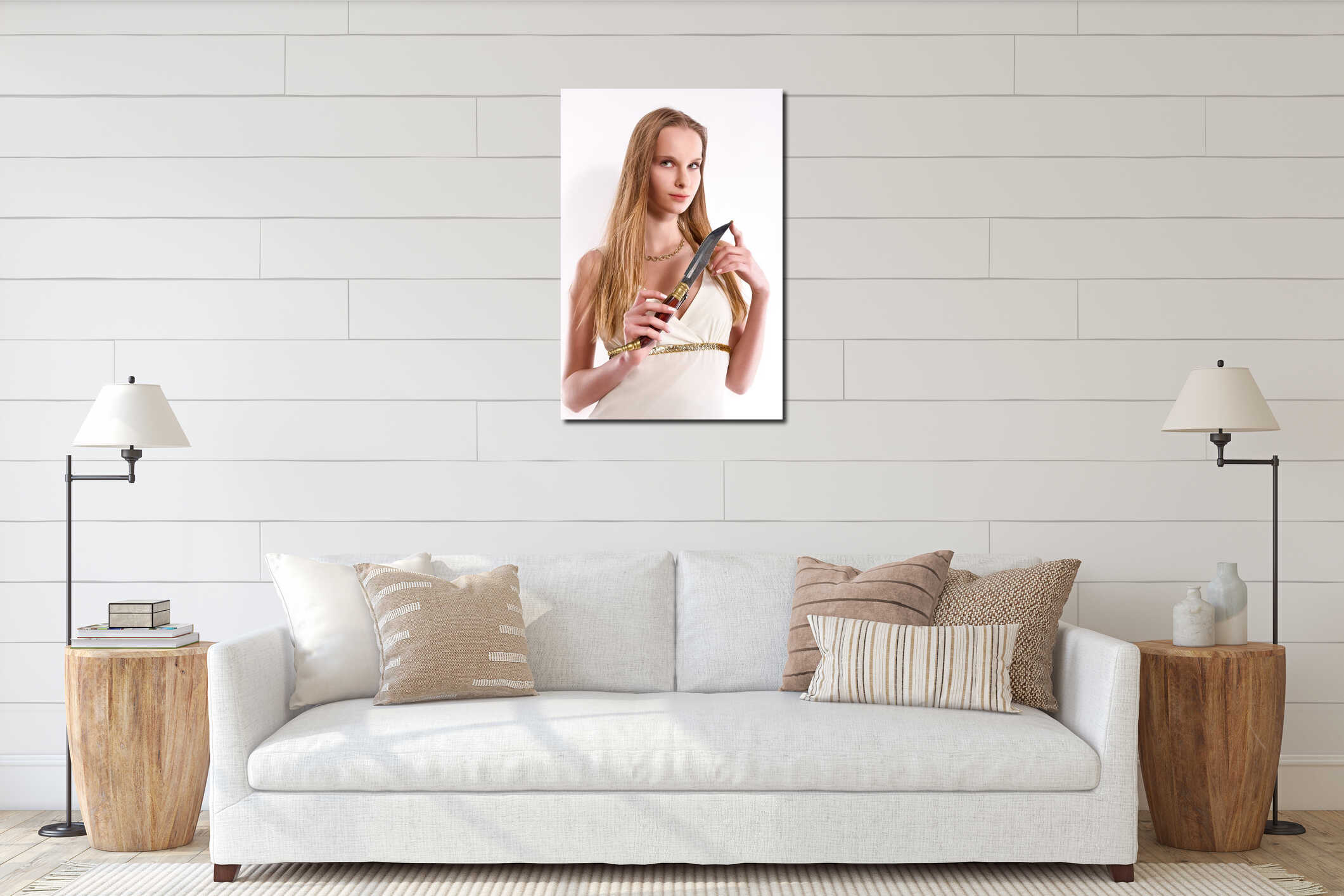 Blond young girl holding dagger interior mockup