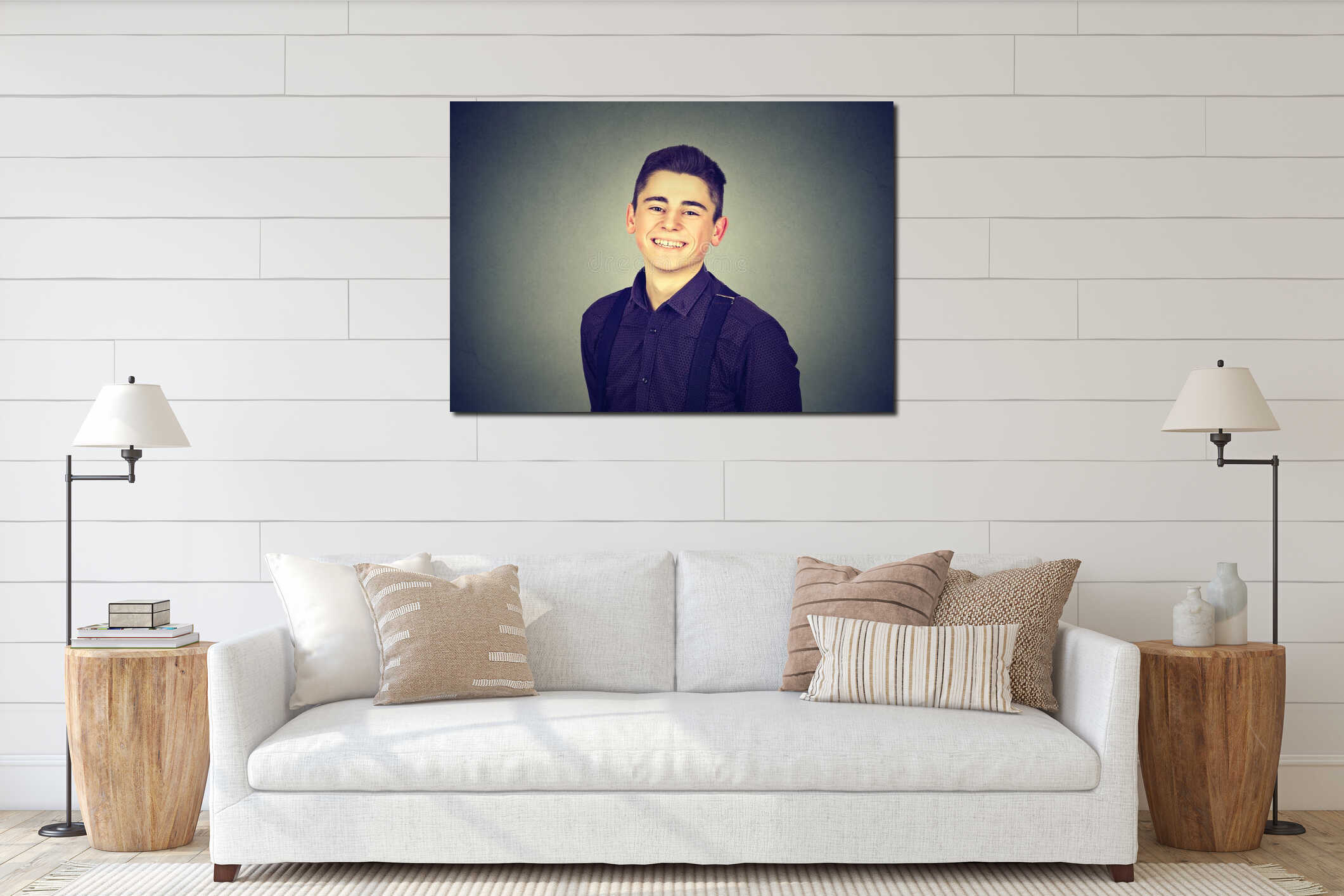 Portrait smiling modern handsome man interior mockup