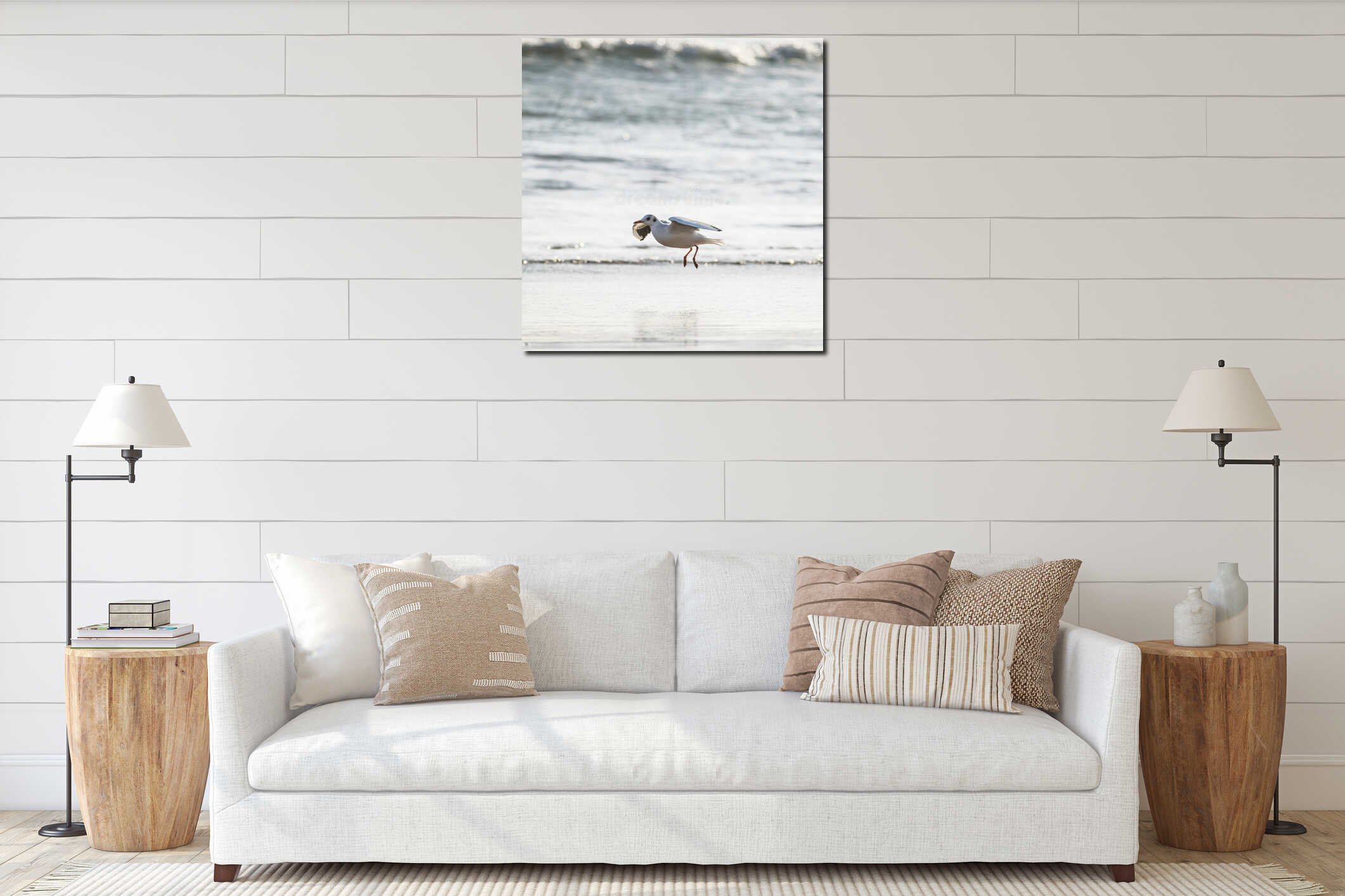 Flying seagull over the sea interior mockup