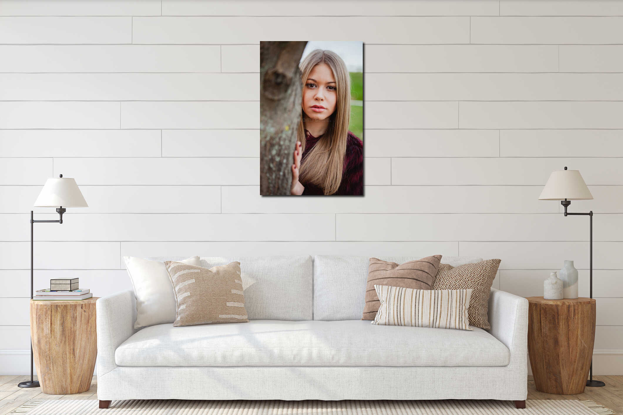 Portrait blonde girl next to a tree trunk interior mockup