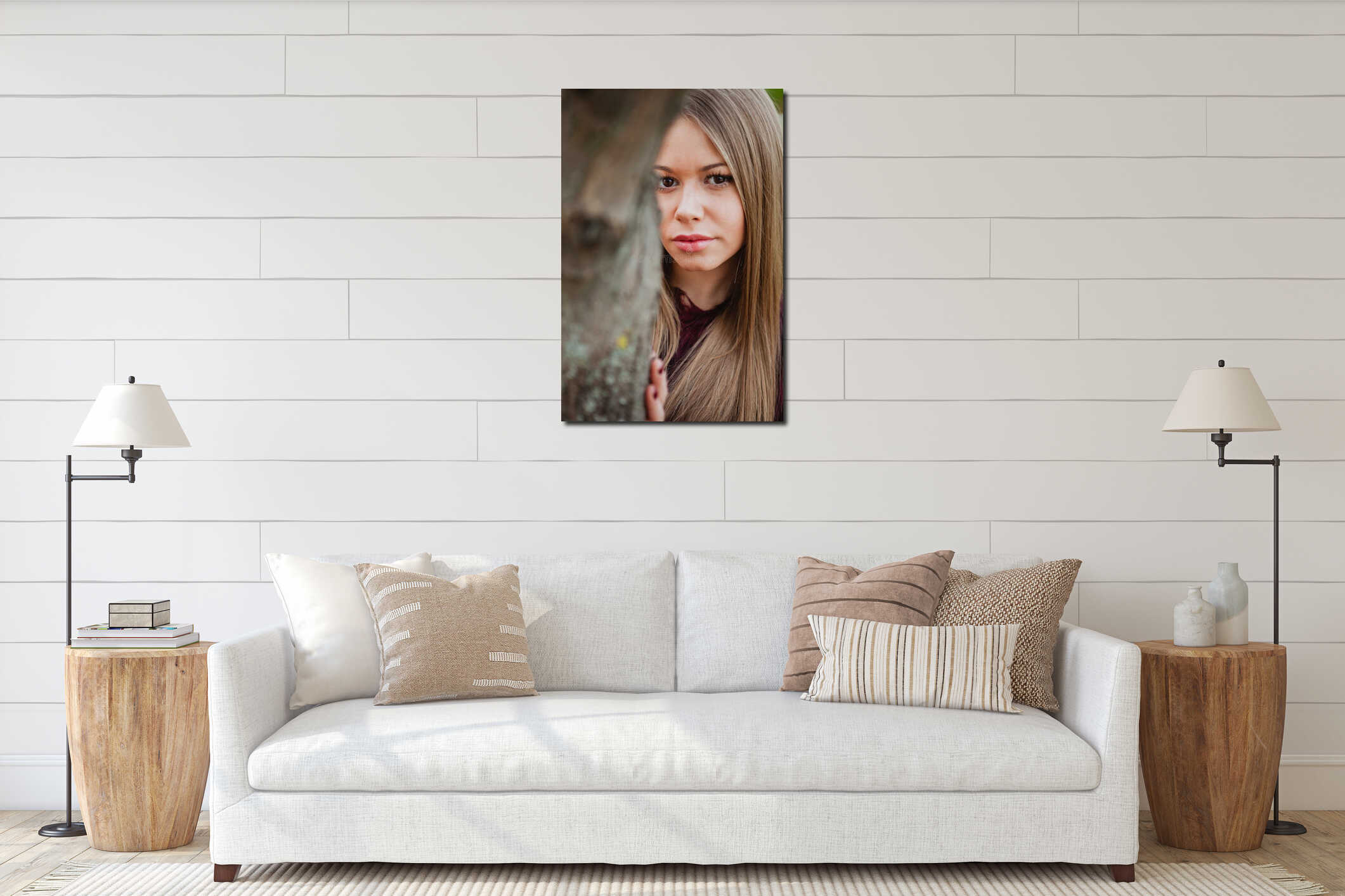 Portrait blonde girl next to a tree trunk interior mockup