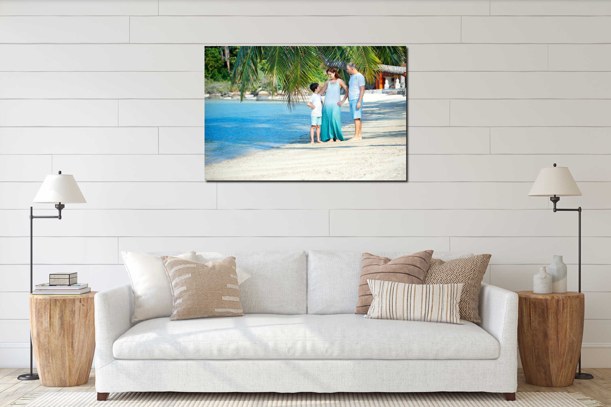 Young family of three having fun tropical beach, Thailand, Asia interior mockup