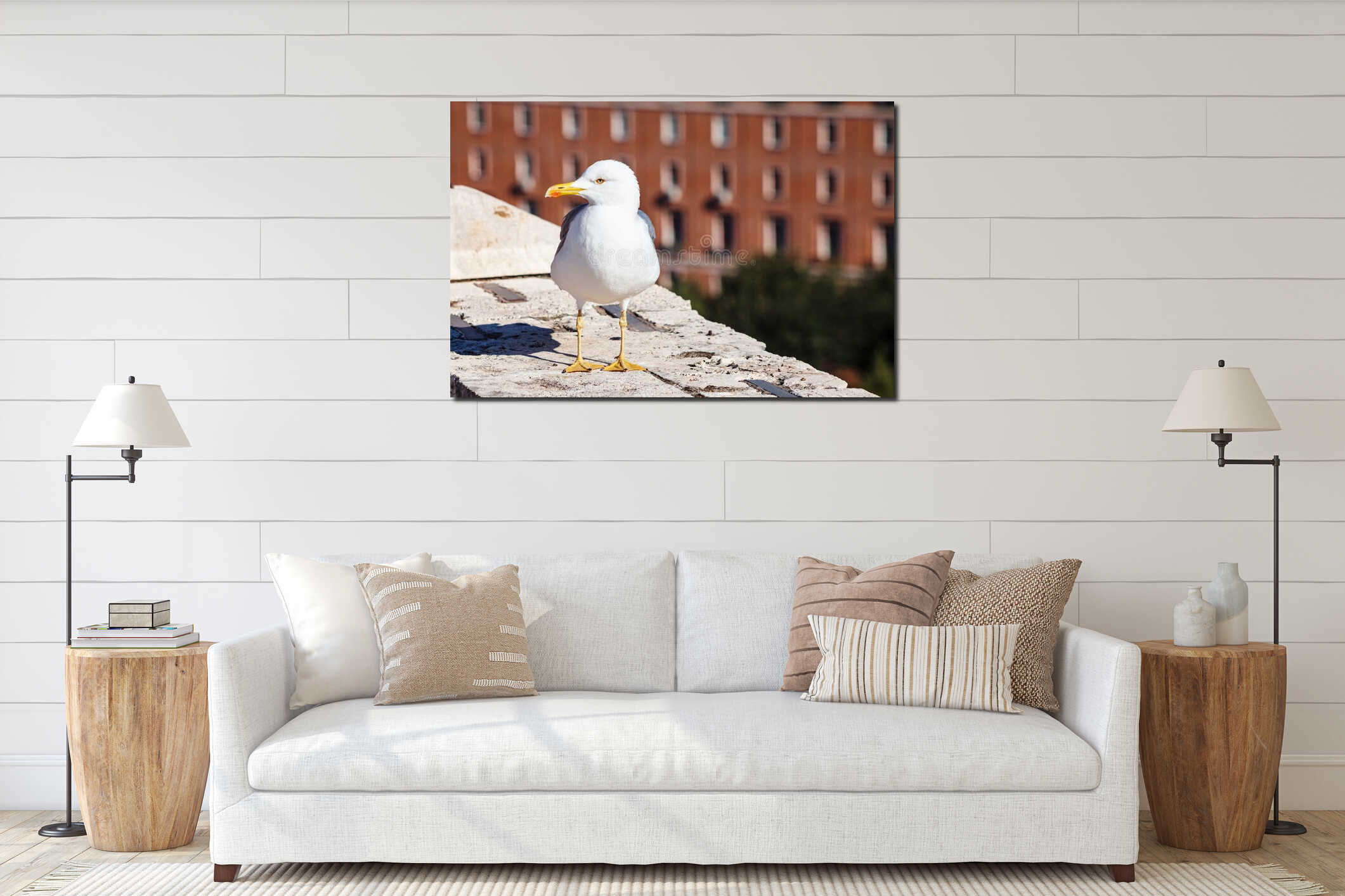 Urban seagull on wall of Castle St Angel in Rome interior mockup