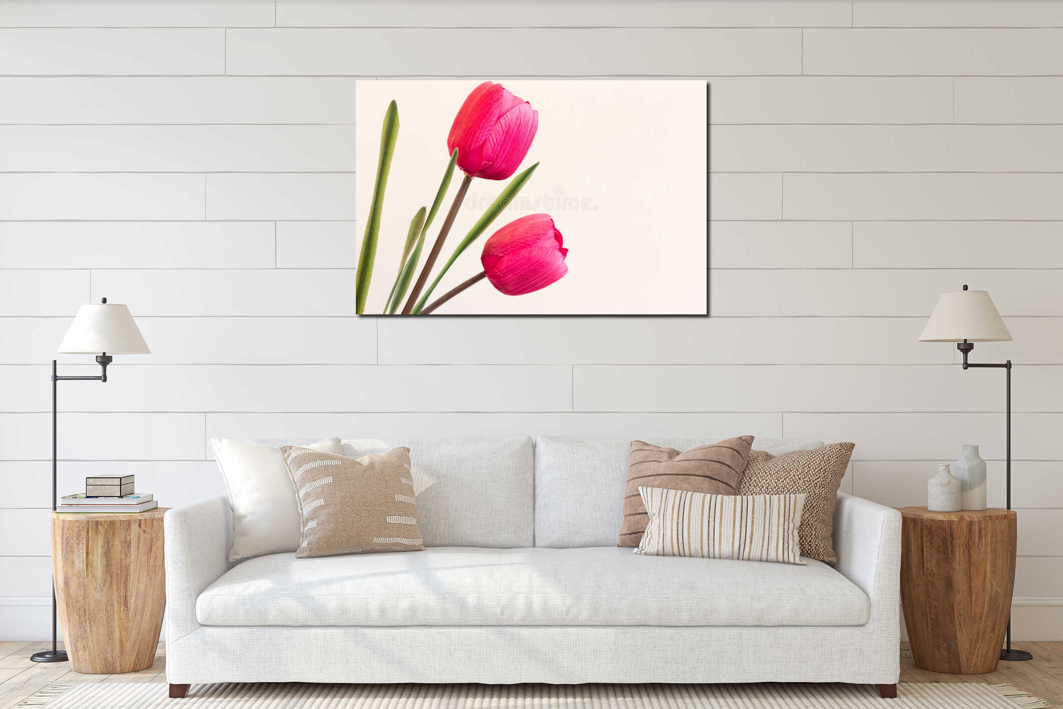 Plastic tulips in pink with large copyspace. This cloned flower symbolizes genetic manipulation to make two identical forms of li interior mockup