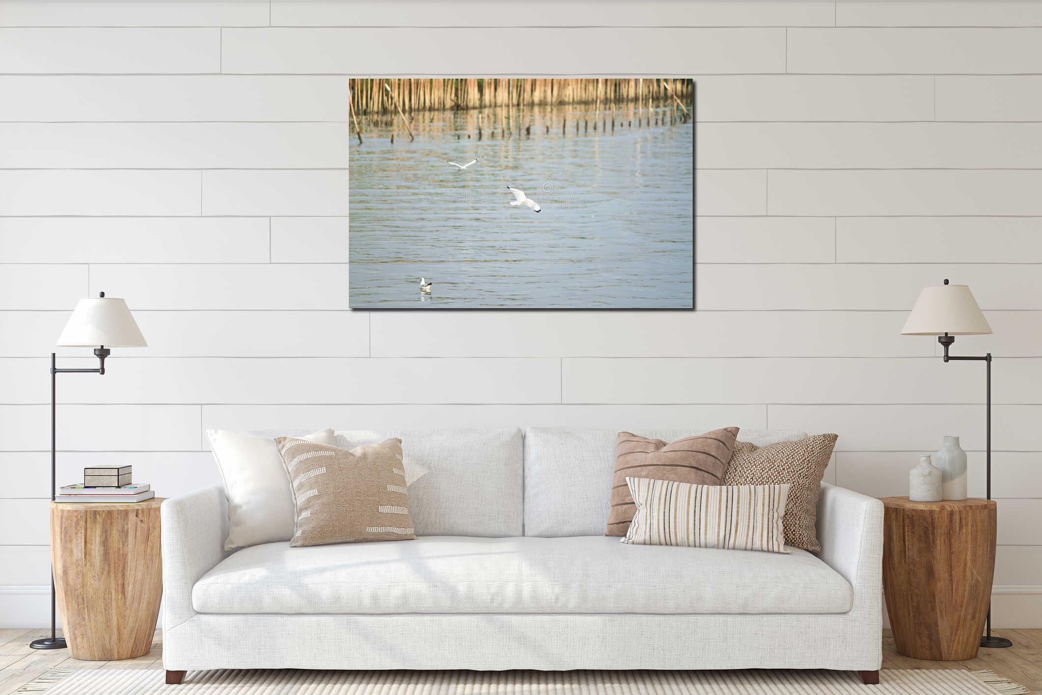 Flying from two white seagull background soft focus fly interior mockup
